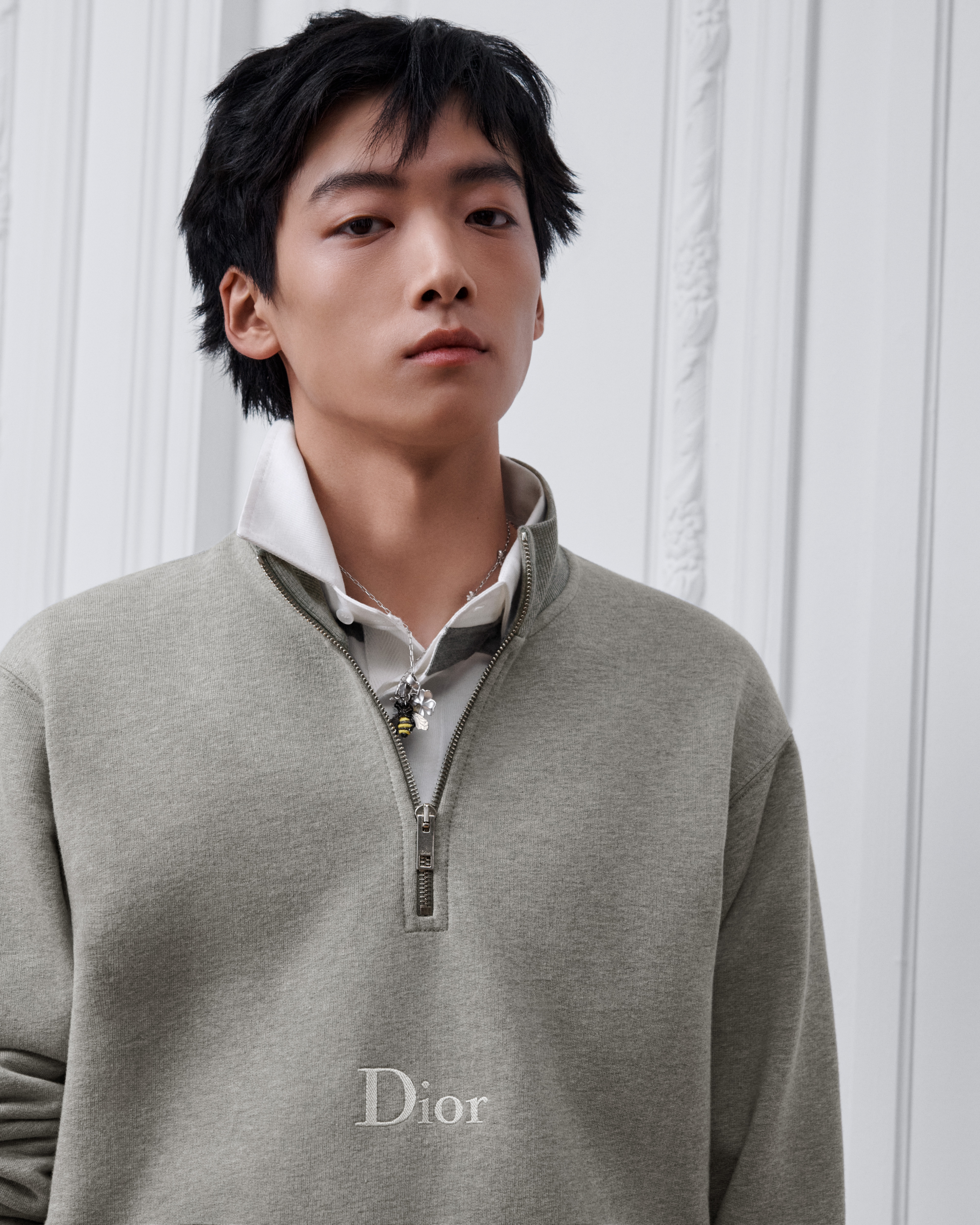 Sudadera con cremallera en el cuello, corte regular Felpa de algodón gris E07