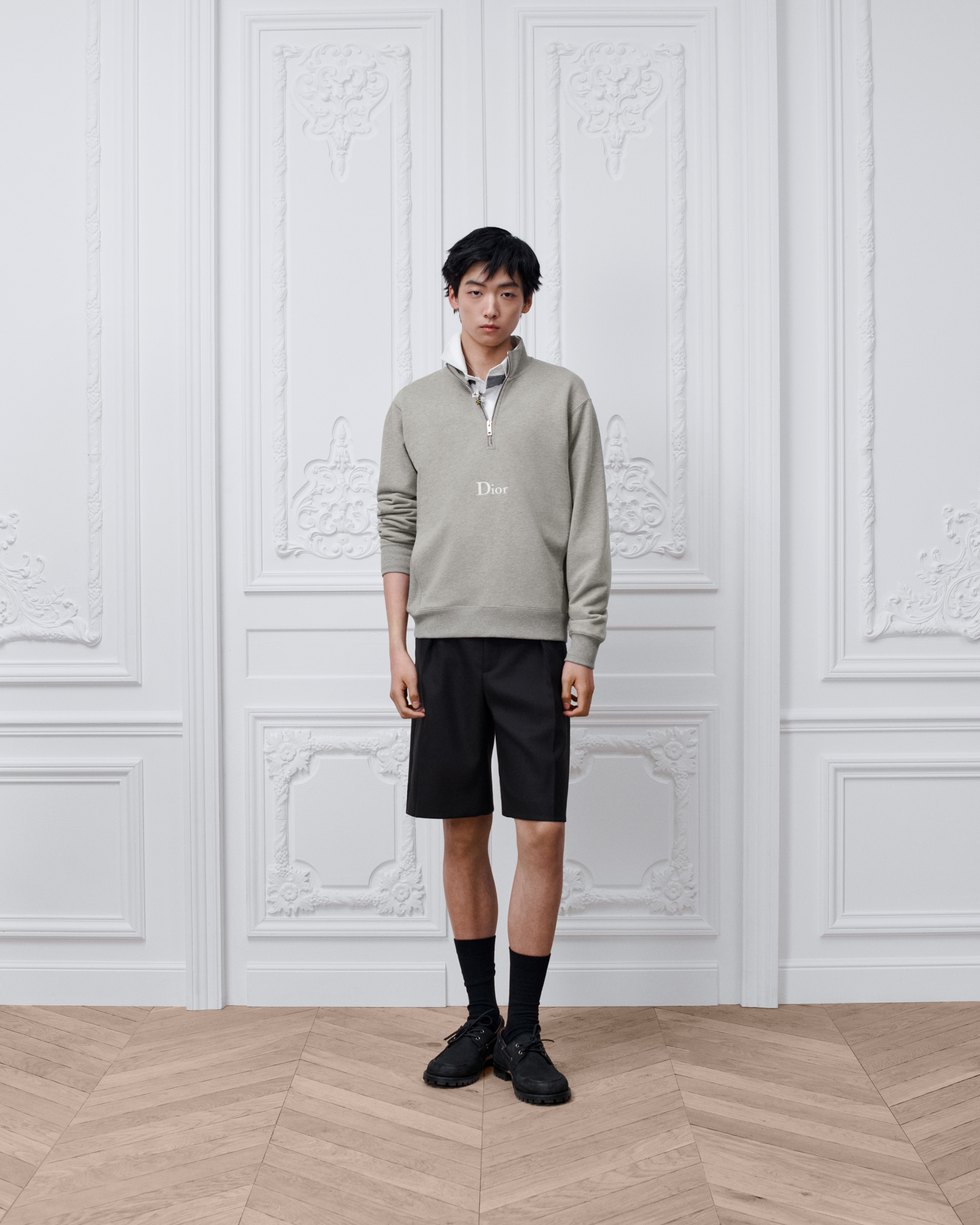 Sudadera con cremallera en el cuello, corte regular Felpa de algodón gris E08