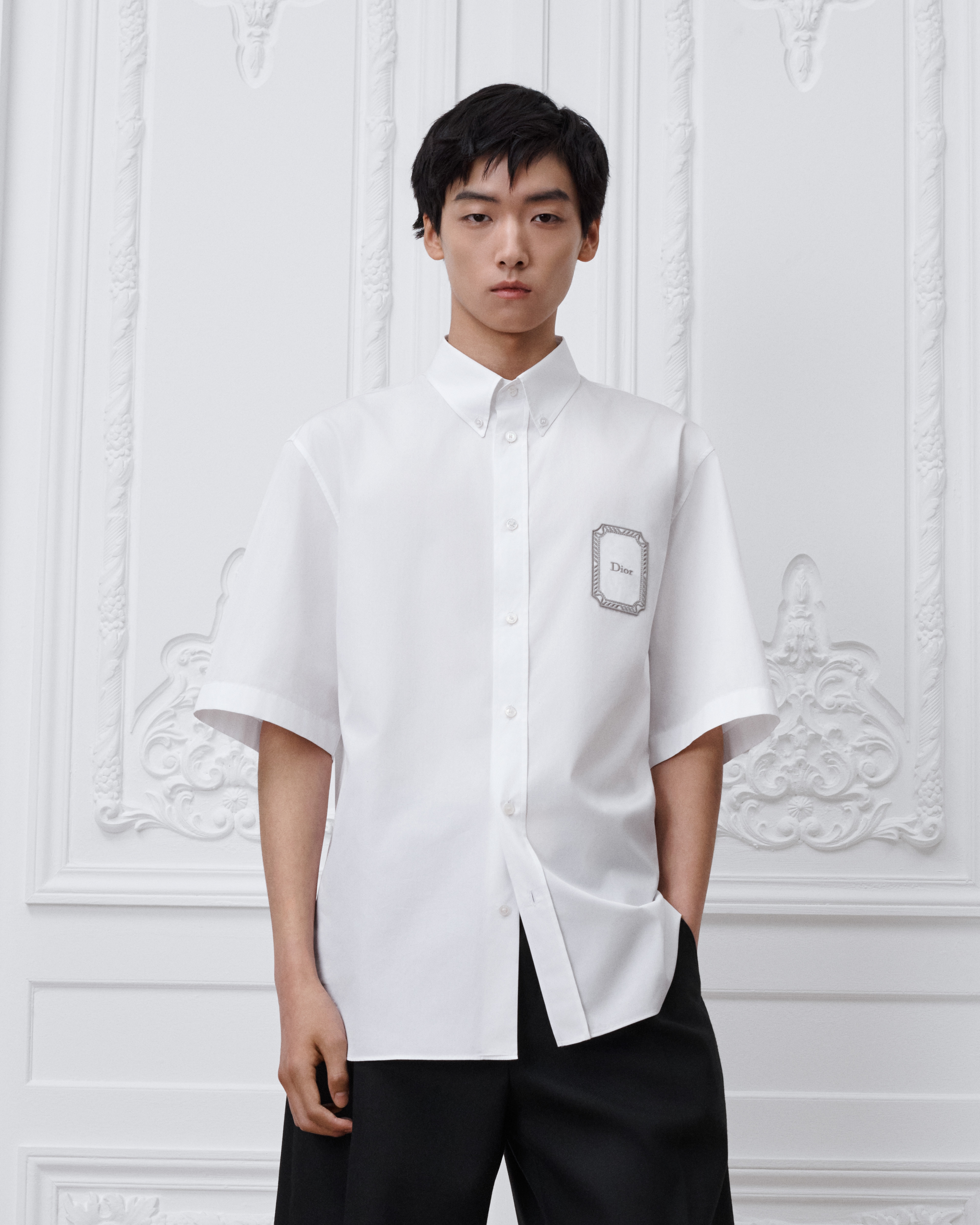 Camisa de manga corta con parche Dior Médaillon Popelina de algodón blanca E07