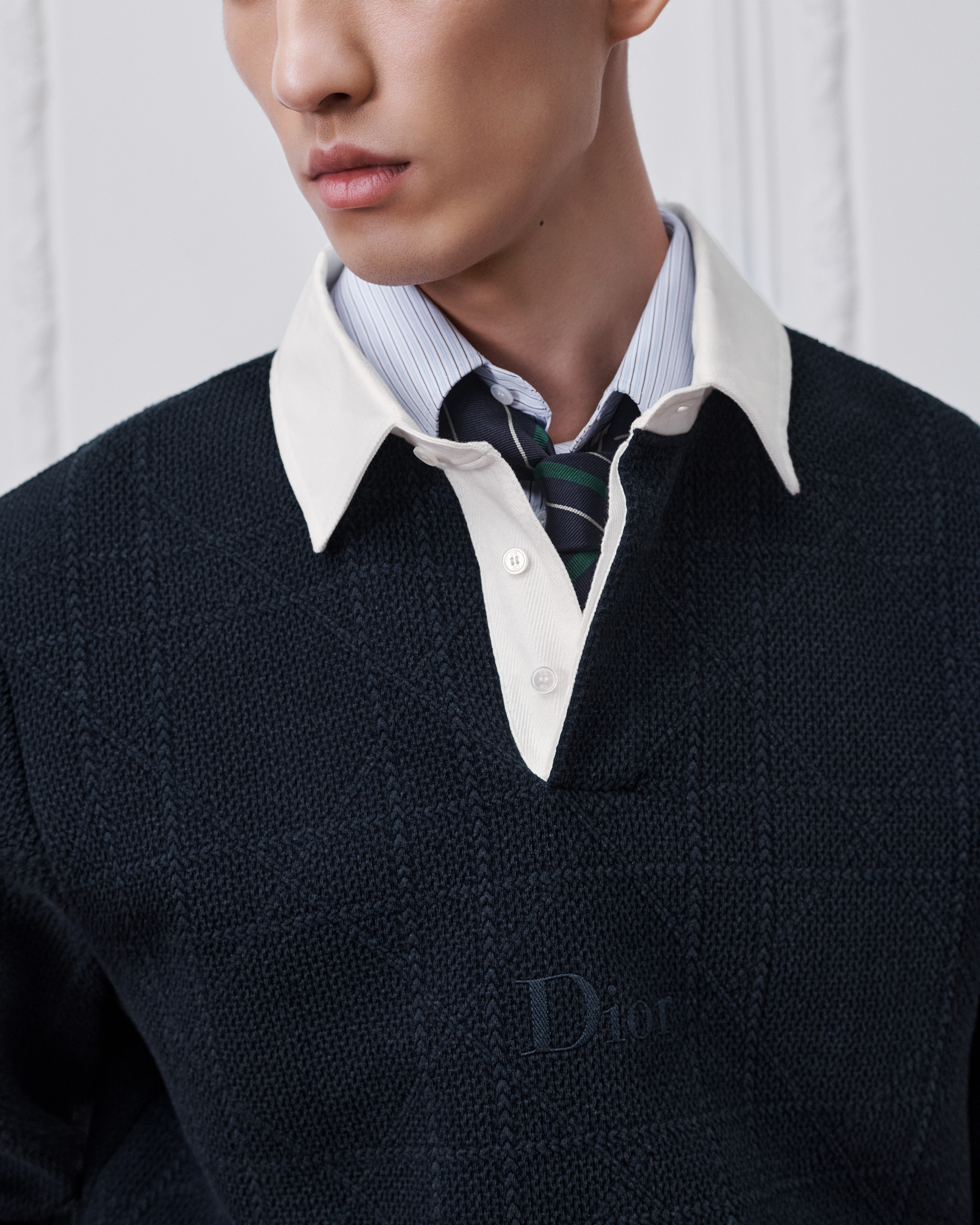 Camisa polo Cannage com mangas longas, corte casual Jacquard com mescla de algodão azul E10
