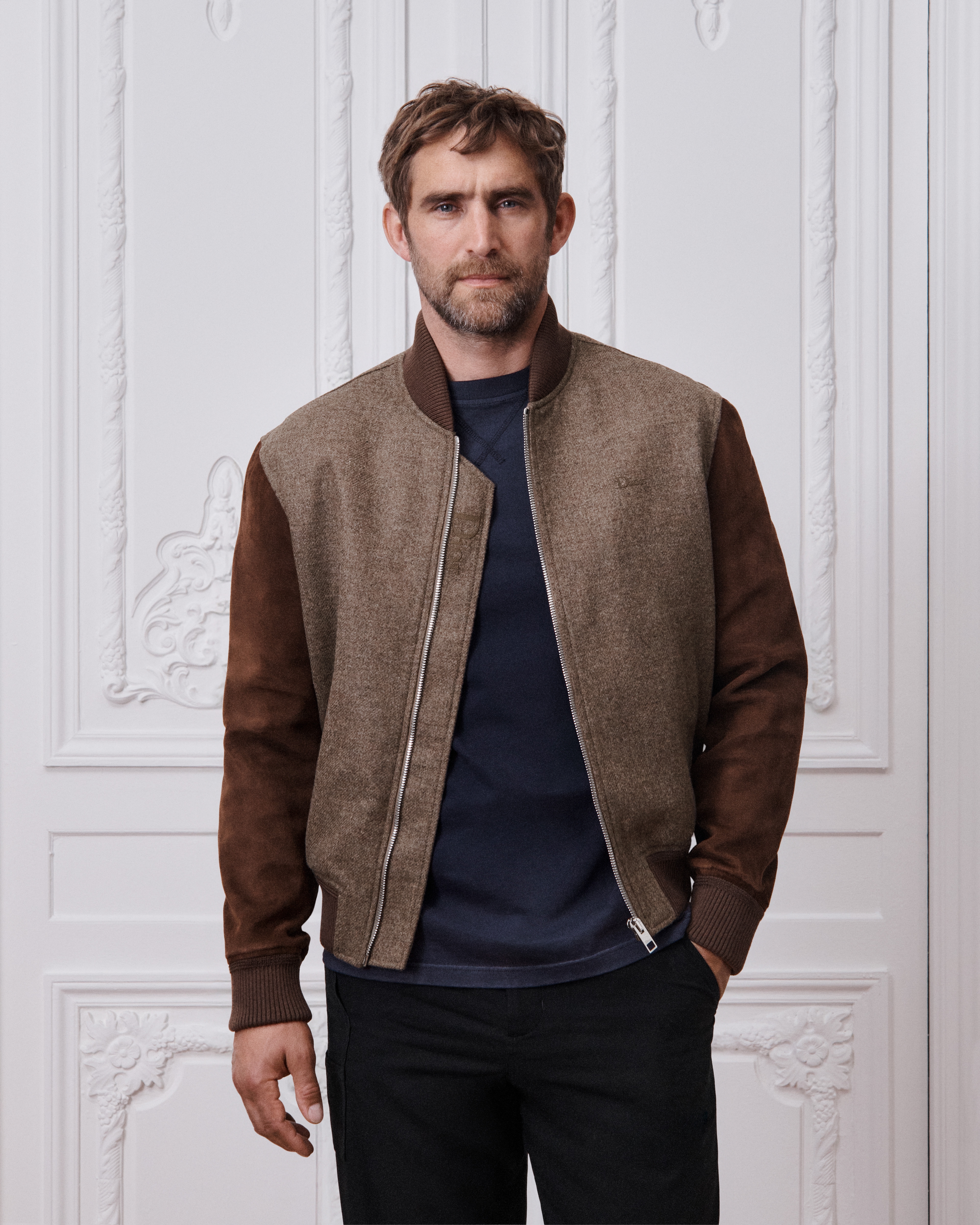 Varsity Jacket Beige Virgin Wool Twill E01