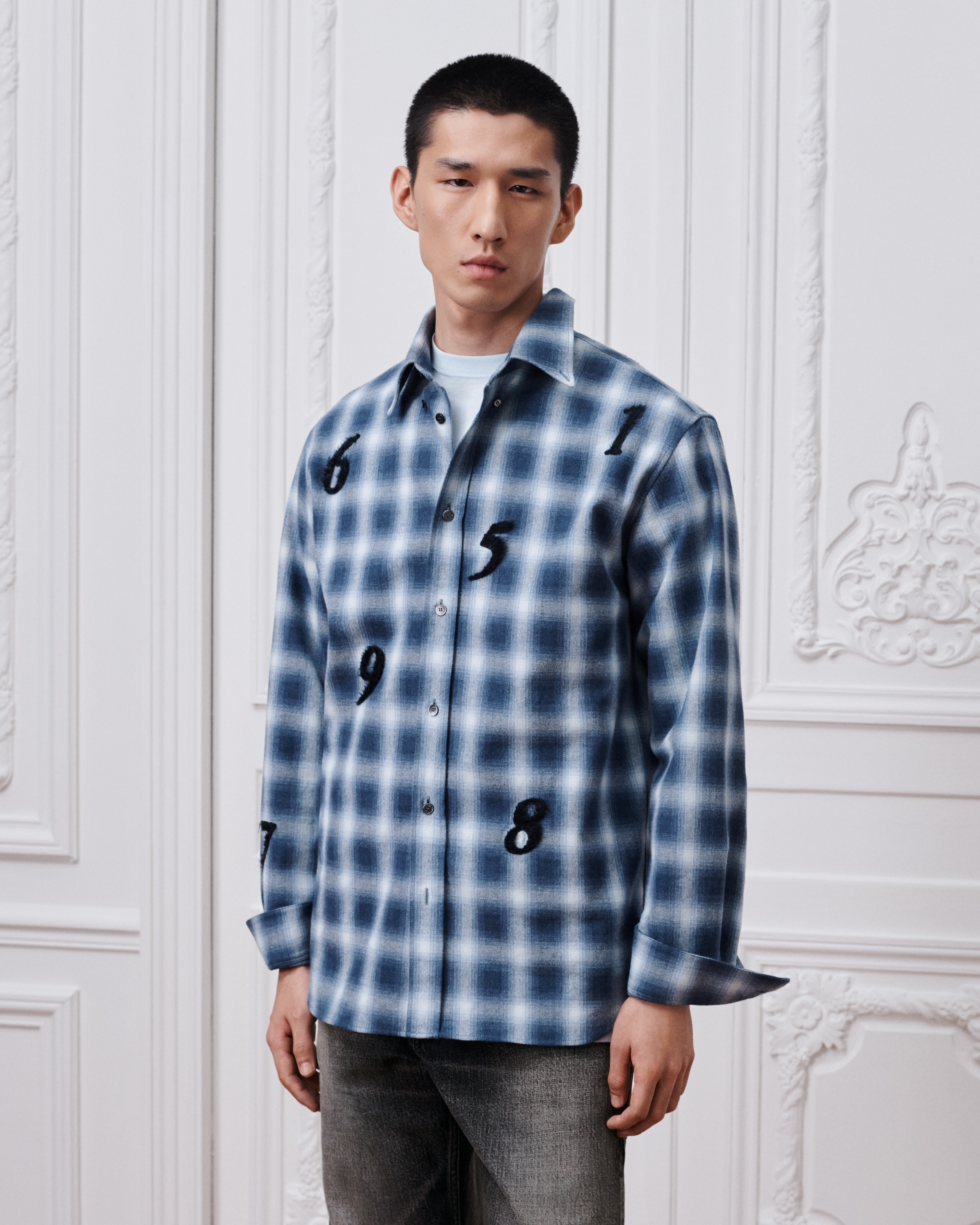 DIOR AND ED RUSCHA Embroidered Shirt, Relaxed Fit Blue Check'n'Dior Cotton E01