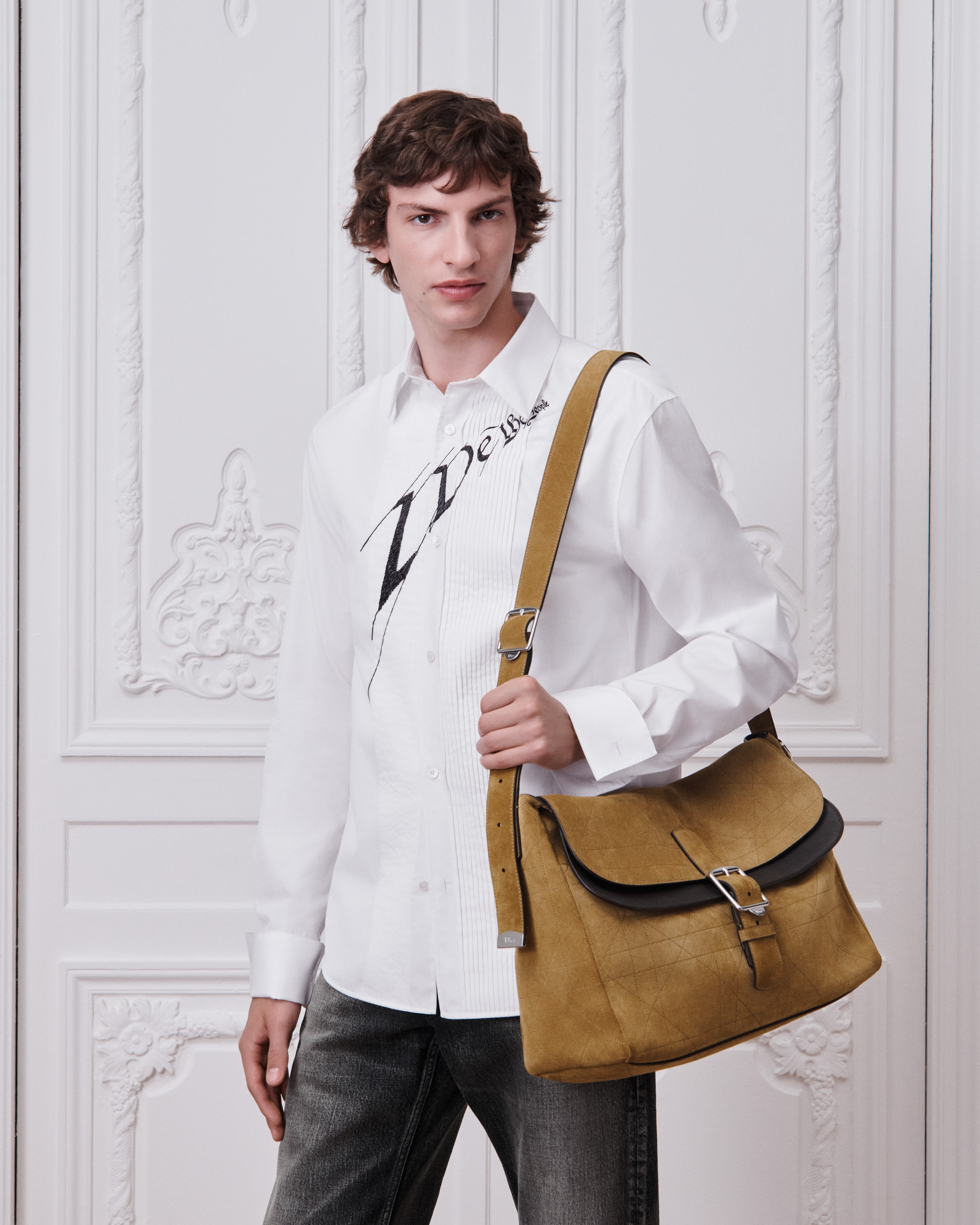 Large Dior Double-Up Messenger Bag with Flap Tan Cannage Suede Calfskin and Warm Taupe Grained Calfskin E19