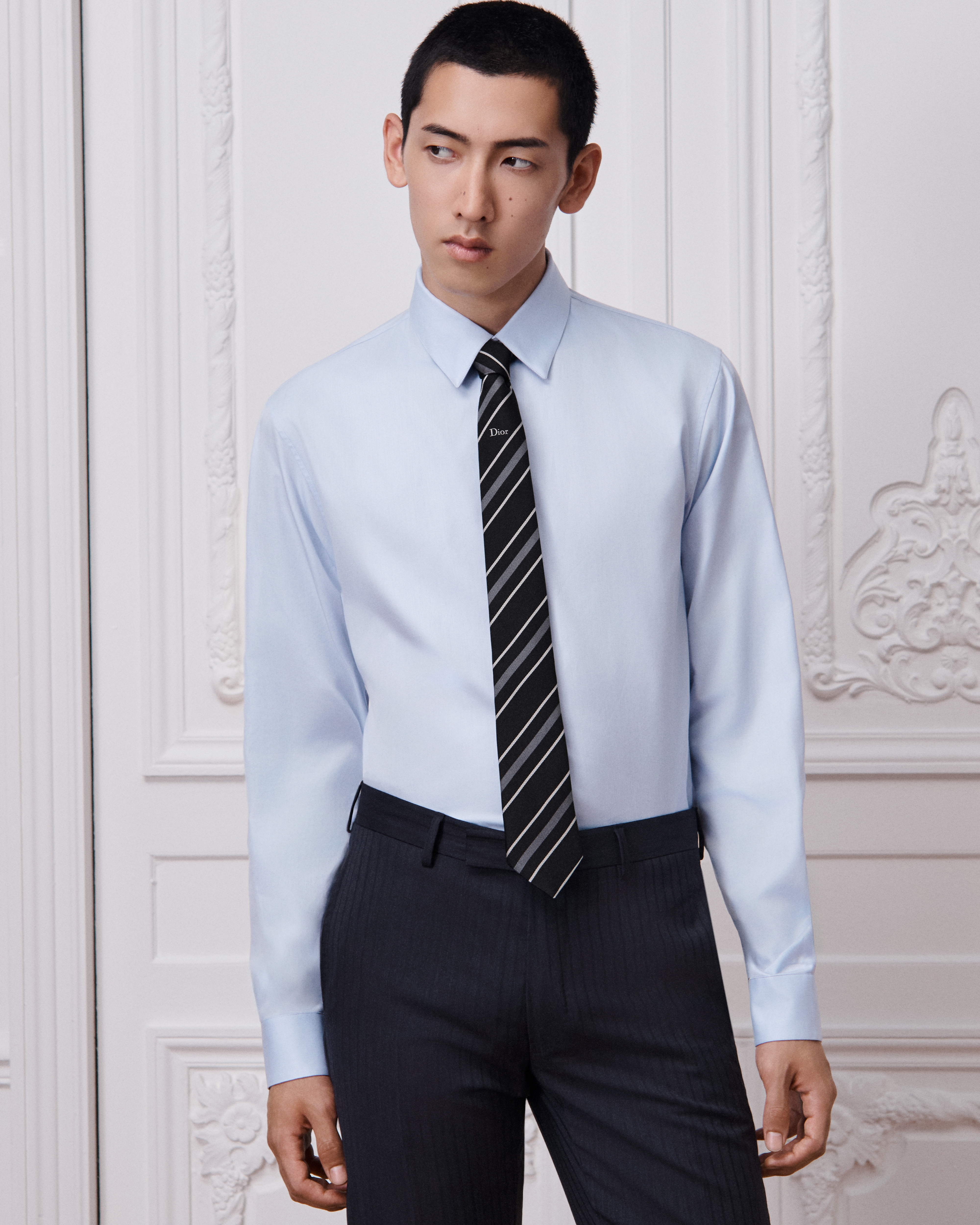 Shirt with CD Embroidery Blue Herringbone Cotton Poplin E07