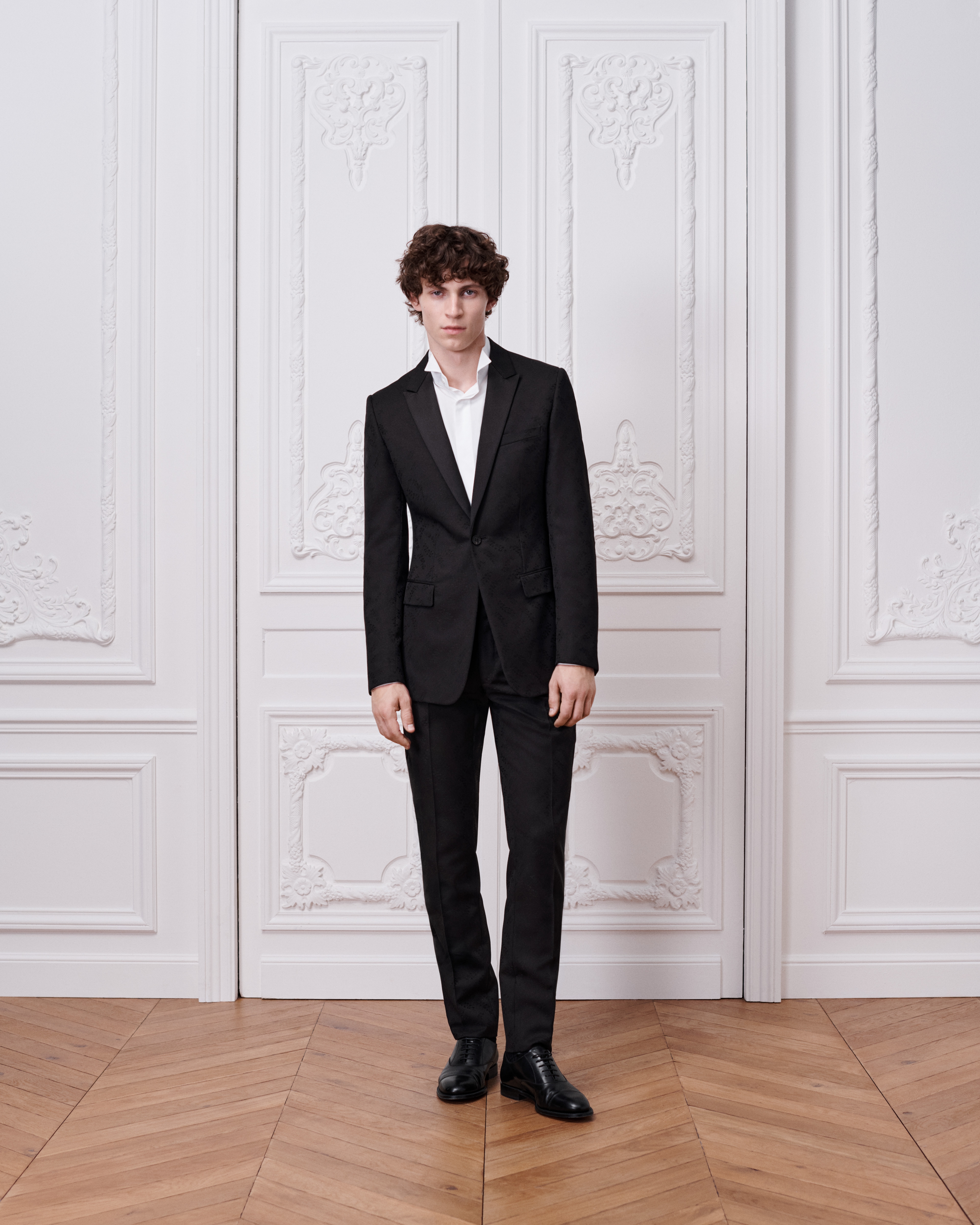 Suit with Lily of the Valley Motif Black Virgin Wool and Mohair Jacquard E02