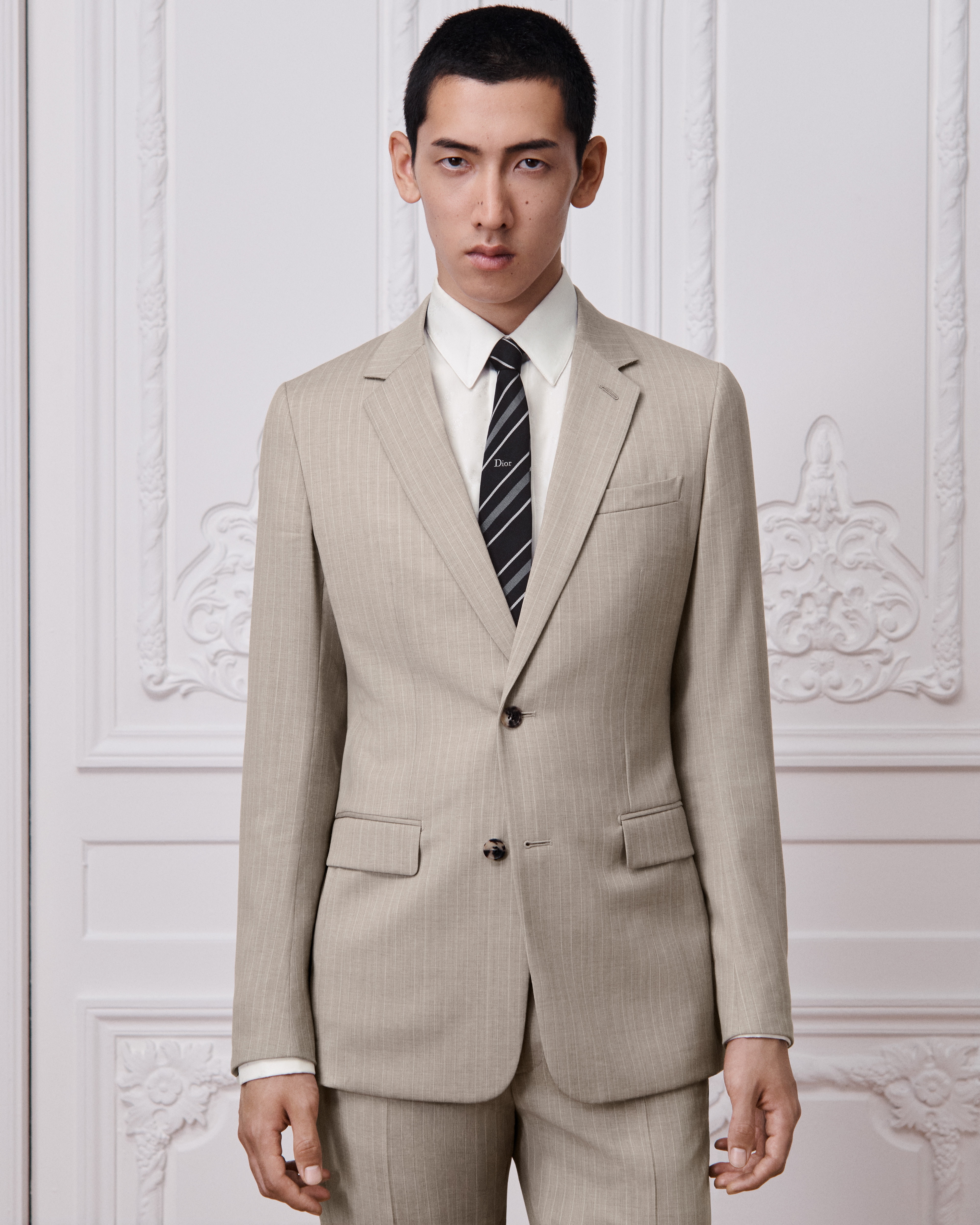 Classic Suit Beige Striped Virgin Wool Blend E01