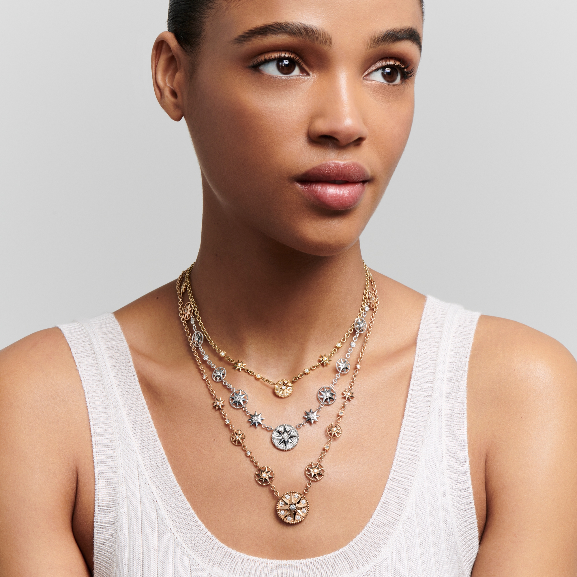 Look Rose des Vents and Étoile des Vents Necklace Yellow, Pink and White Gold with Diamonds E01