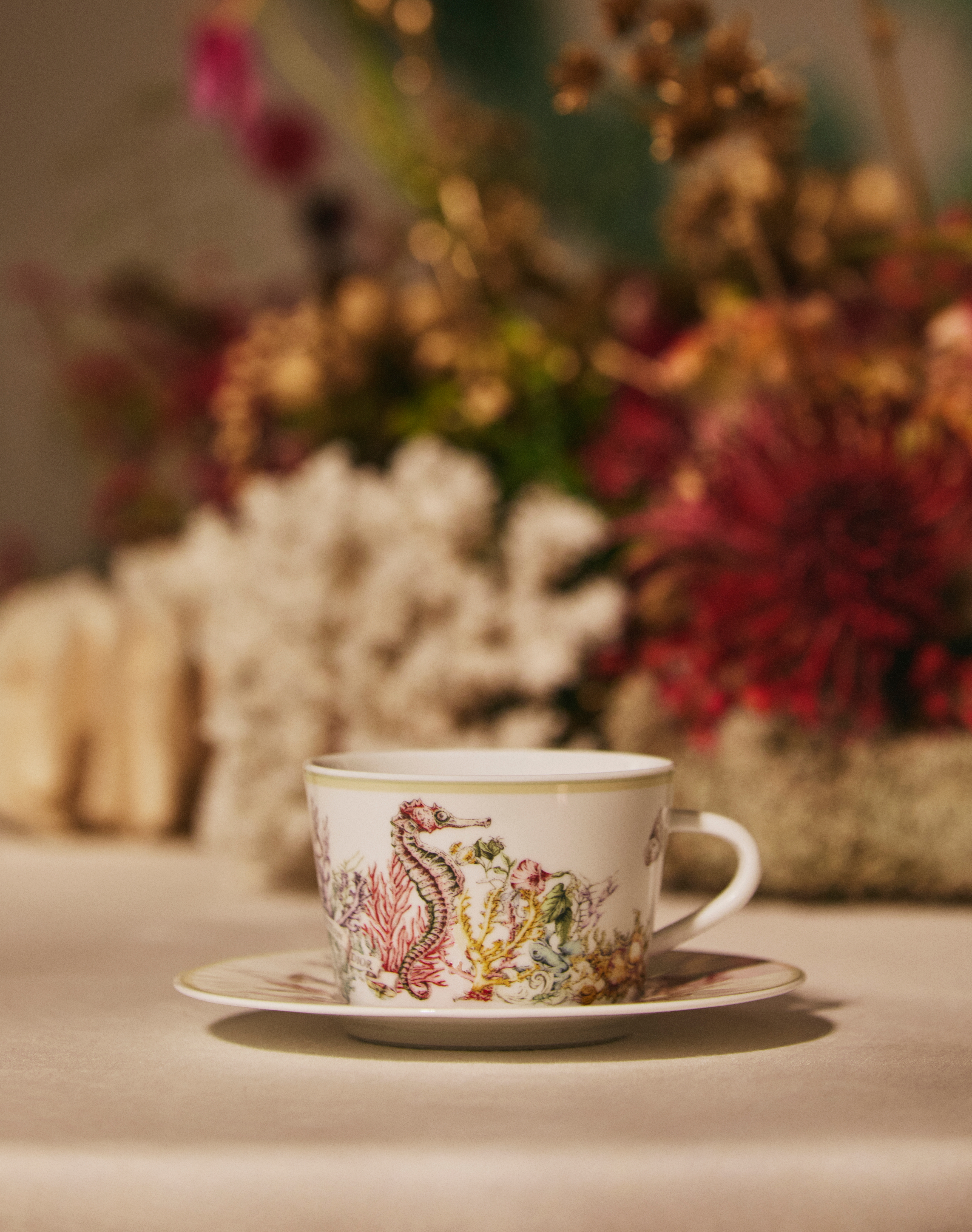 Teacup White Limoges Porcelain with Multicolor Dior Cabinet de la Mer Motif E04