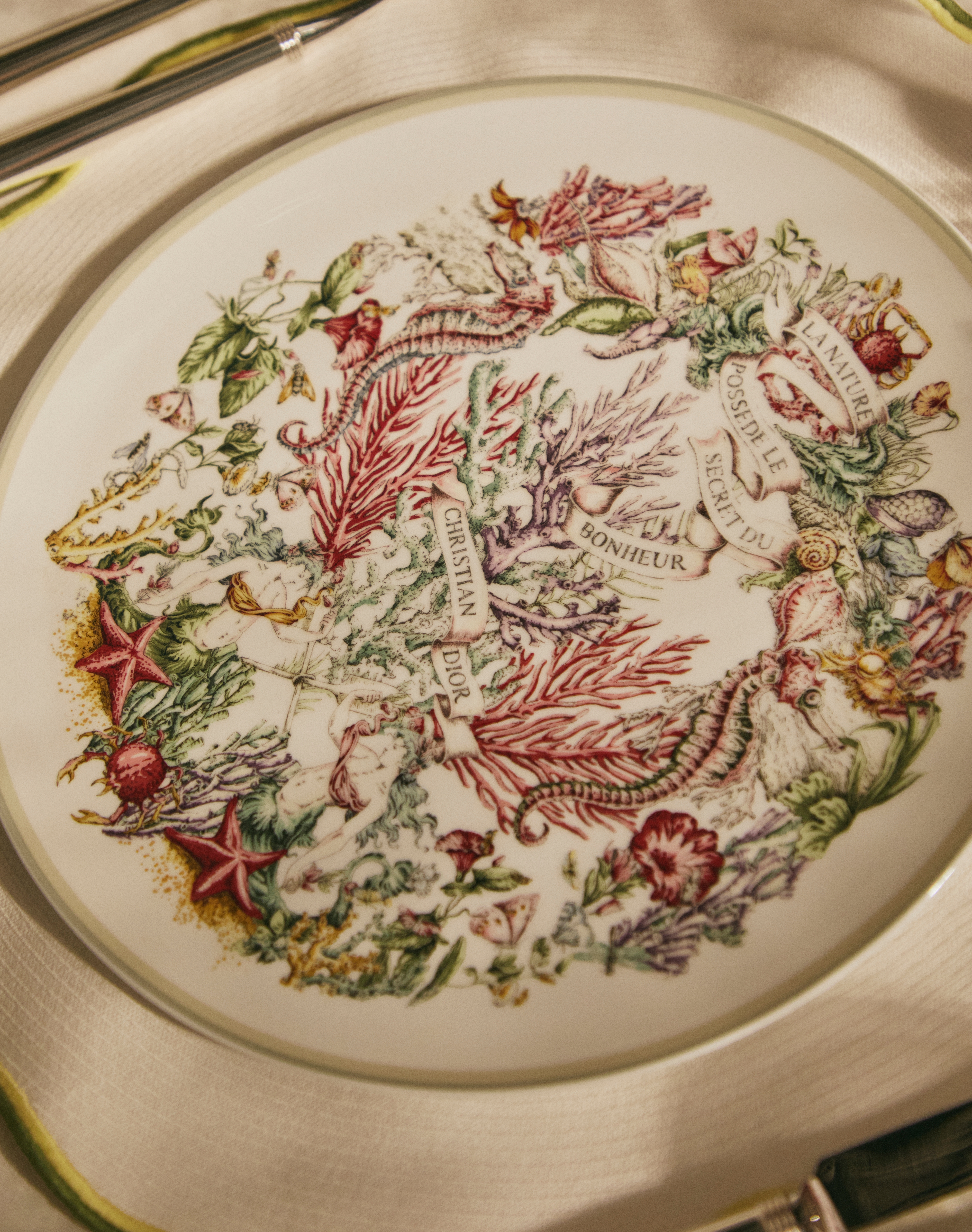 Dinner Plate White Limoges Porcelain with Multicolor Dior Cabinet de la Mer Motif E17