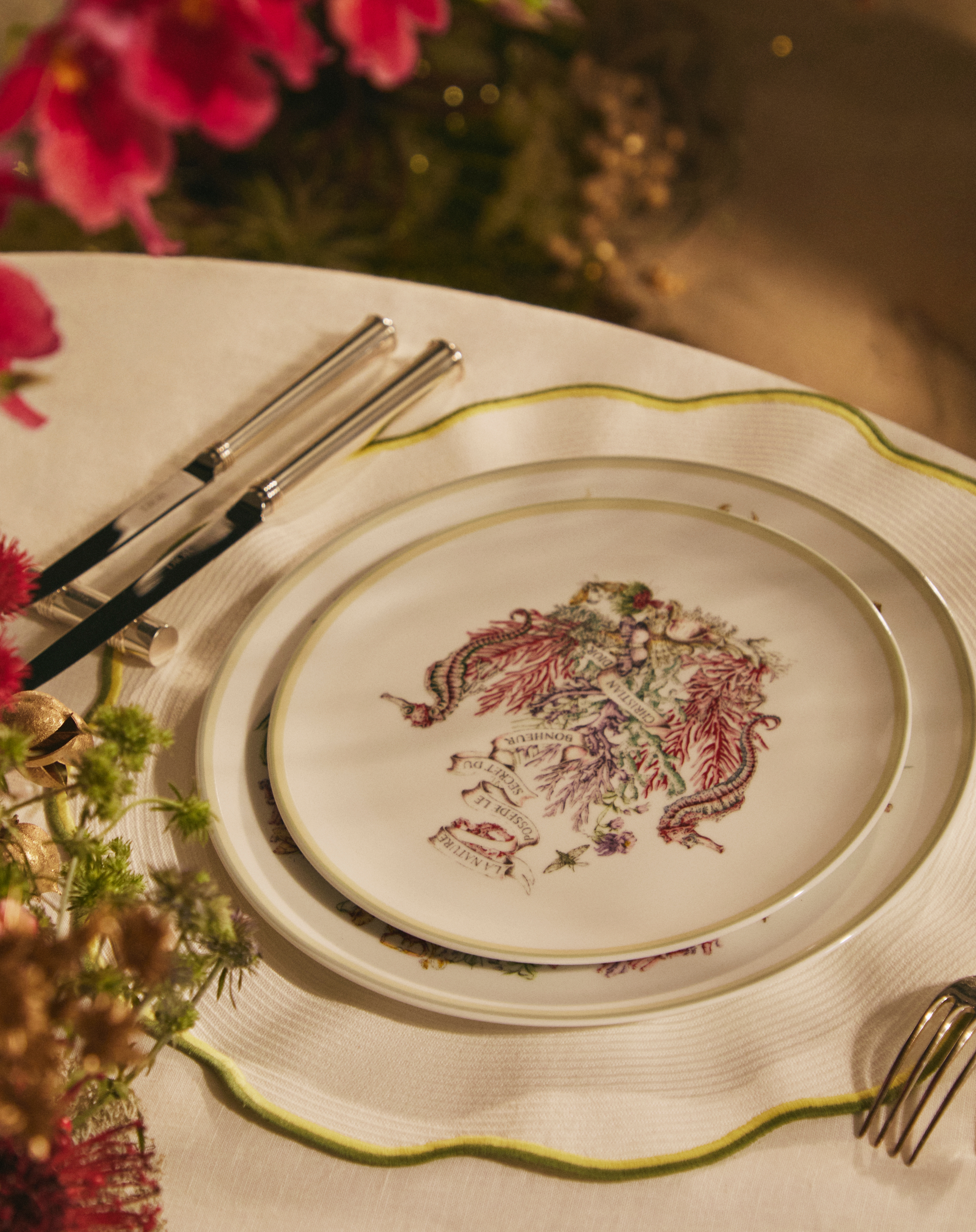 Look Dessert Plate White Limoges Porcelain with Multicolor Dior Cabinet de la Mer Motif E19