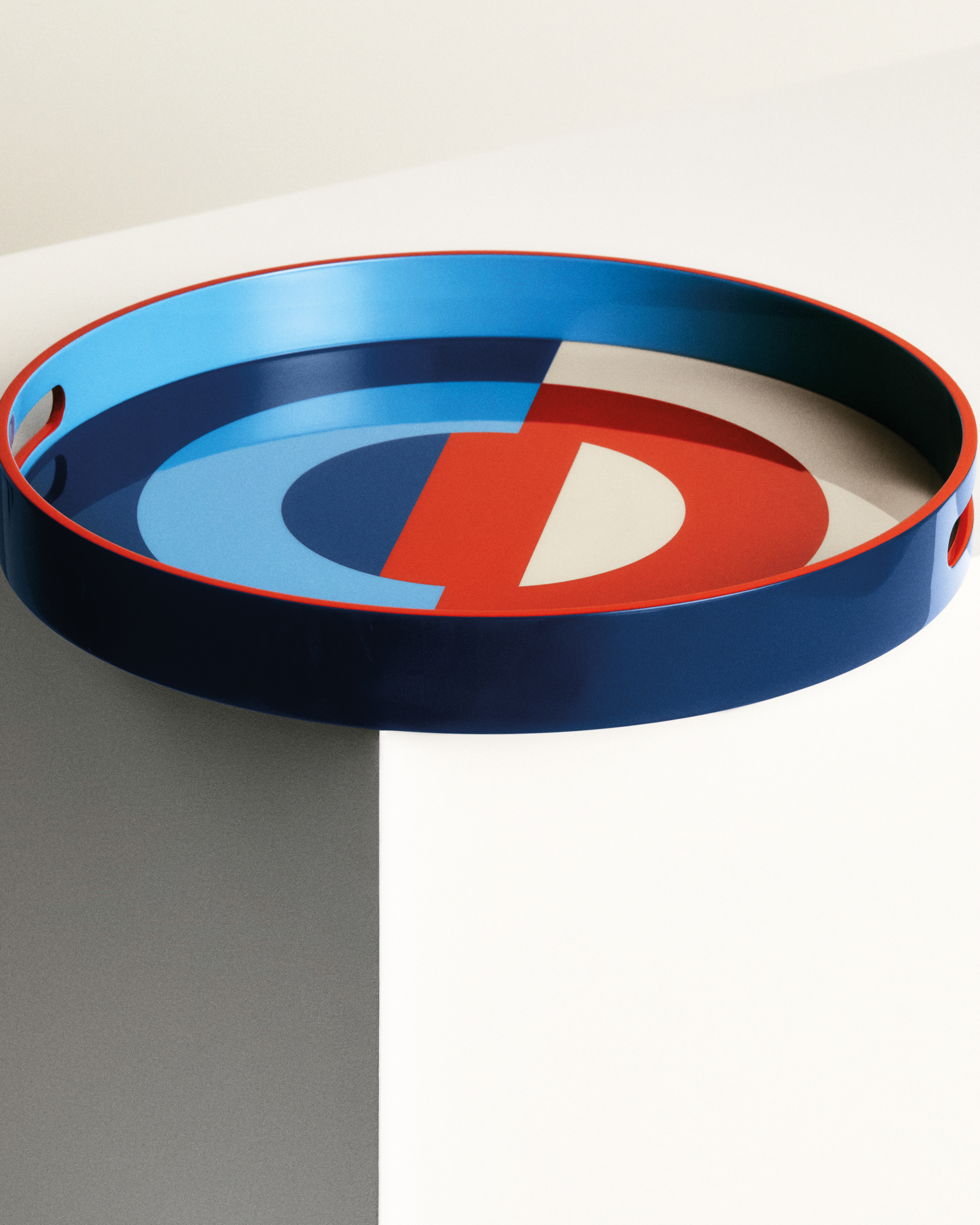 Large Tray Lacquered Wood with Blue and Red CD Entrelacés Motif E13