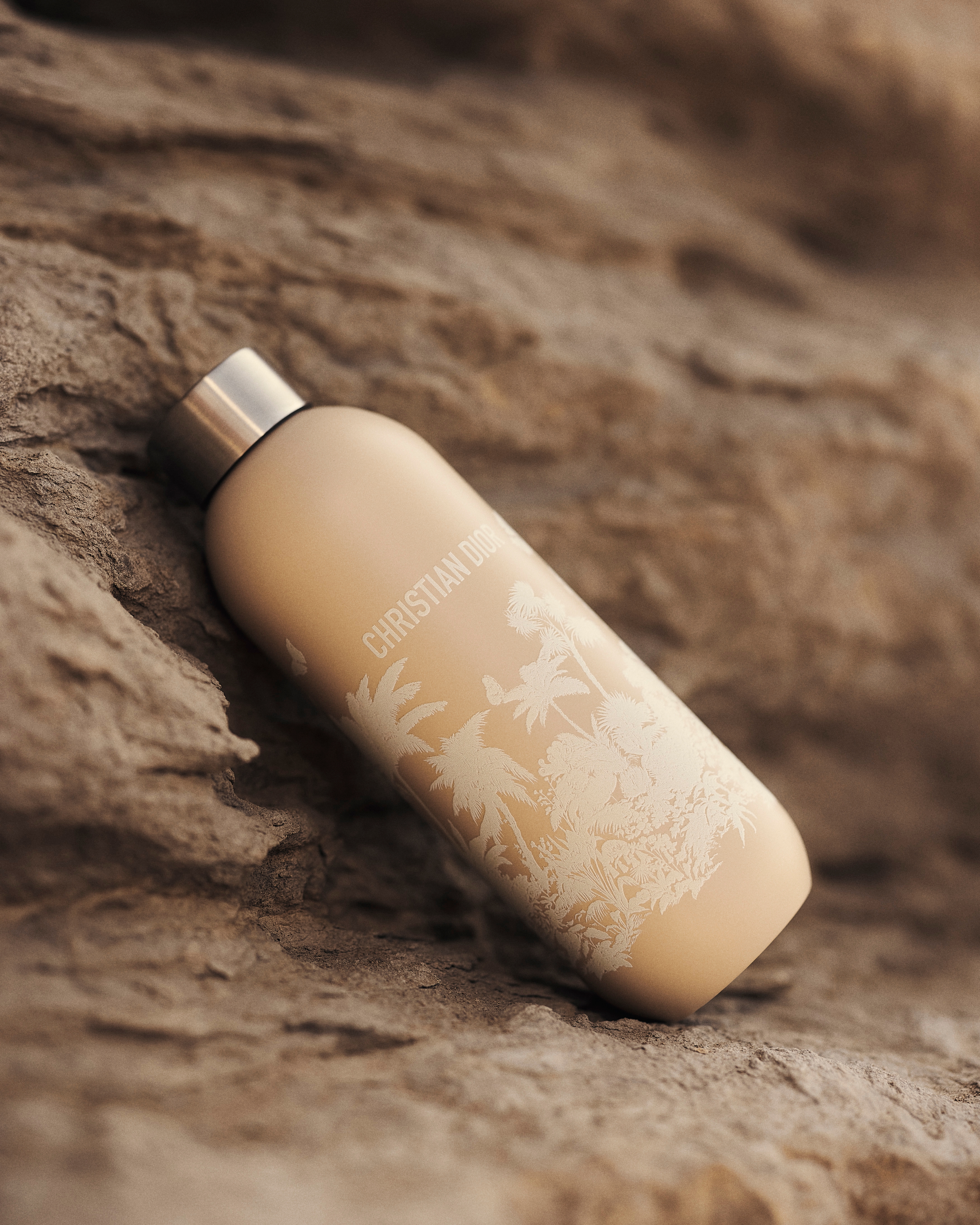 Look Water Bottle Beige and White Toile de Jouy Palms Stainless Steel E02