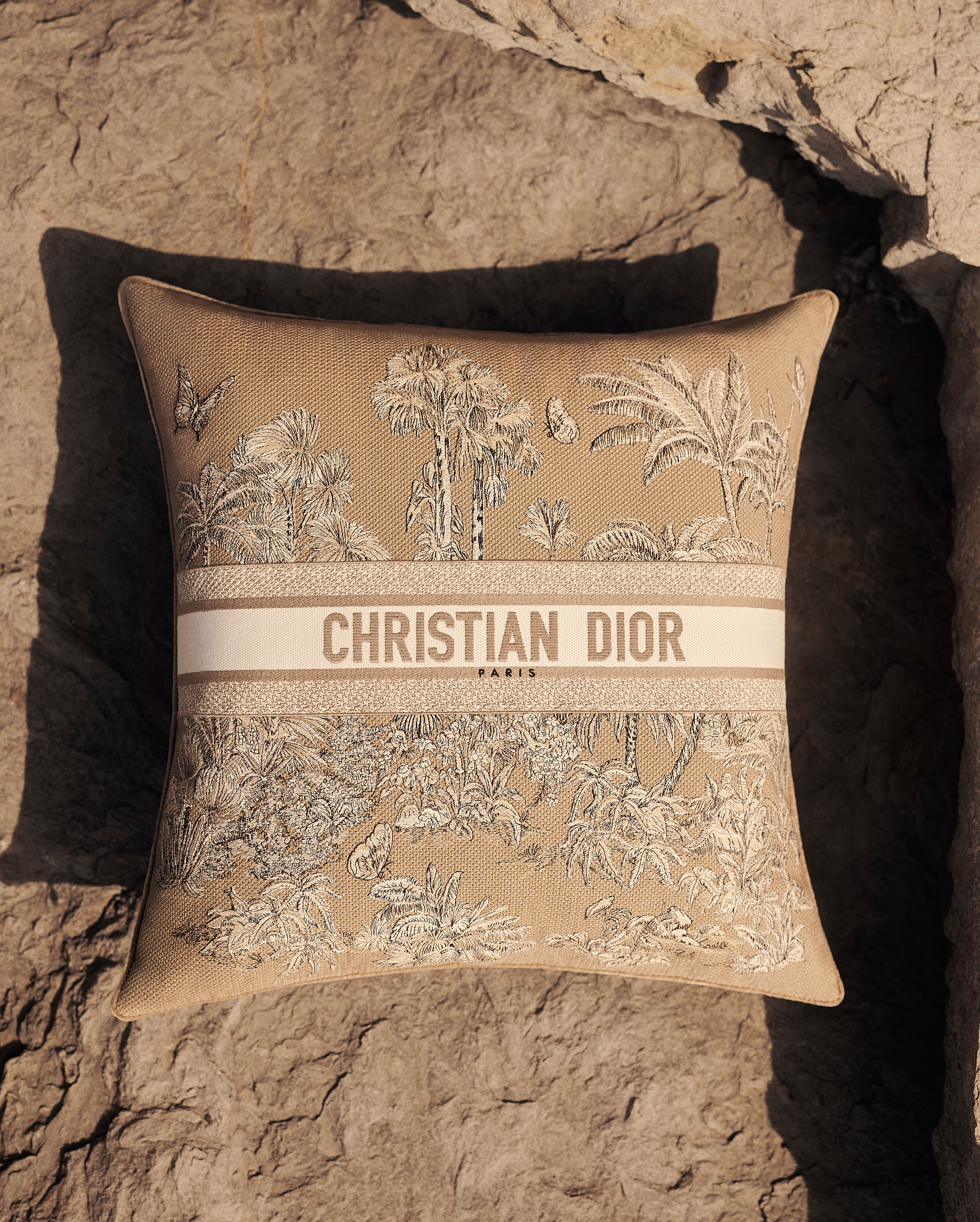 Look Square Pillow Beige and White Toile de Jouy Palms Embroidered Cotton E03
