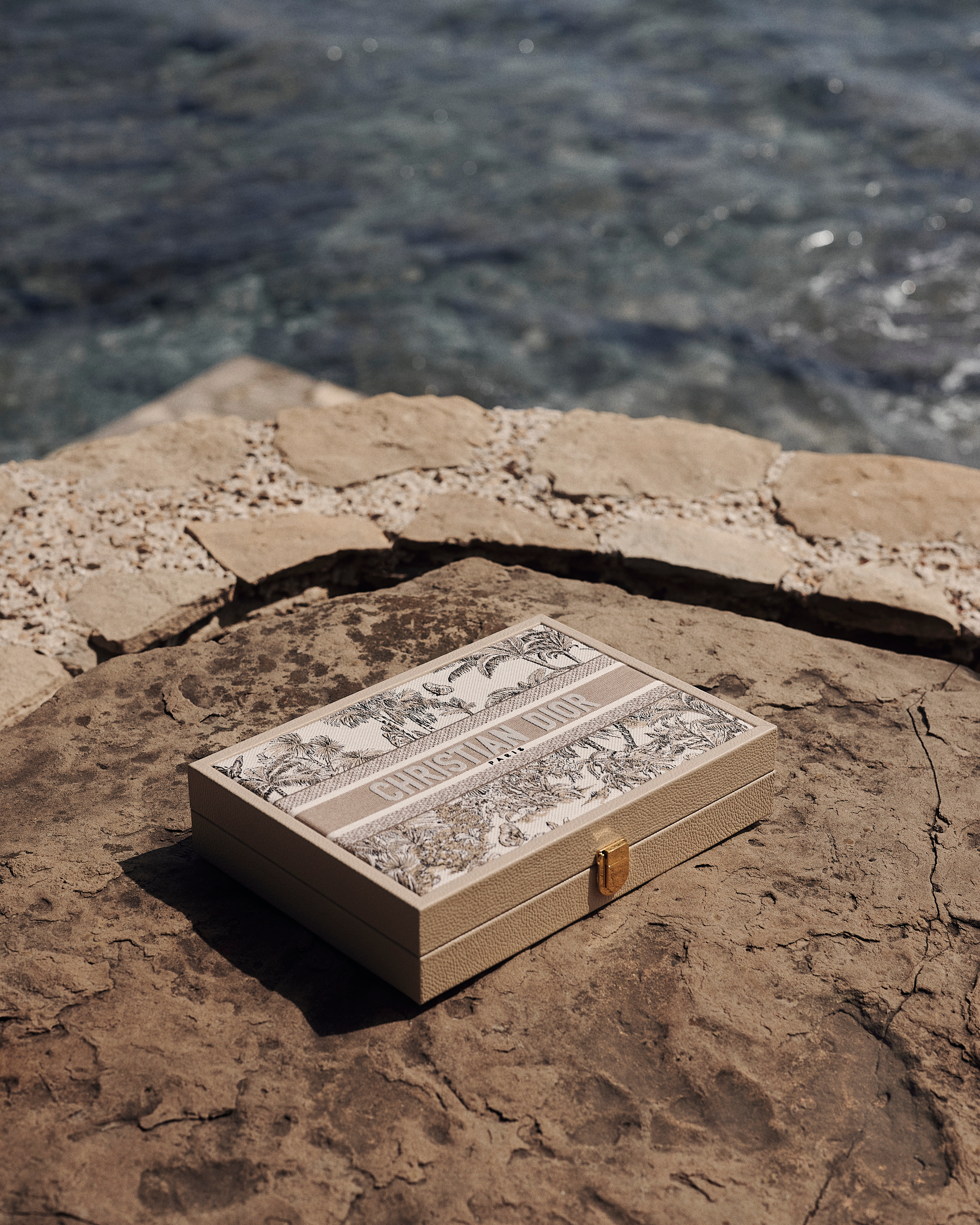 Look Backgammon Cuir de vachette et toile brodée à motif Toile de Jouy Palms beige et blanc E05