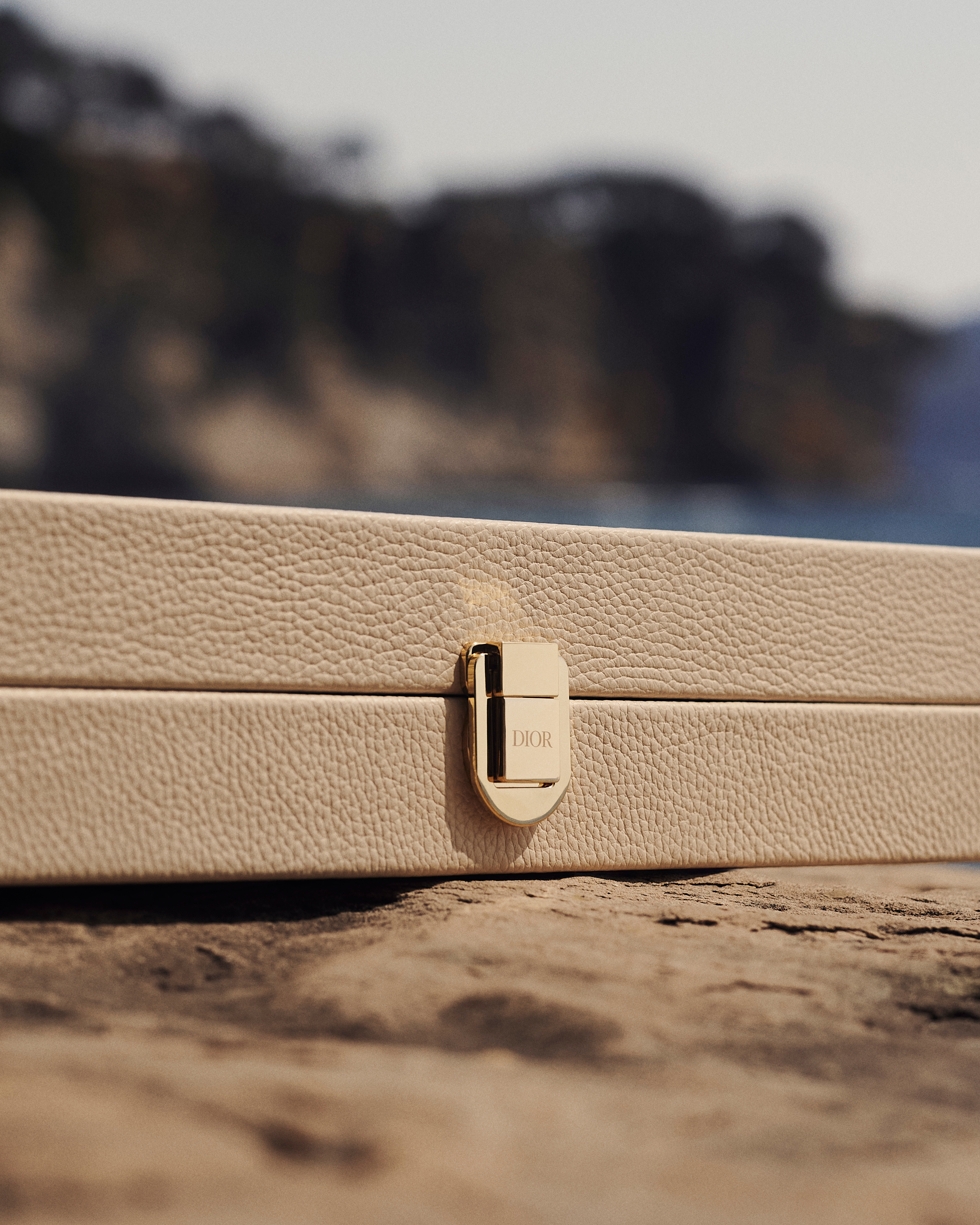 Look Backgammon Cuir de vachette et toile brodée à motif Toile de Jouy Palms beige et blanc E06