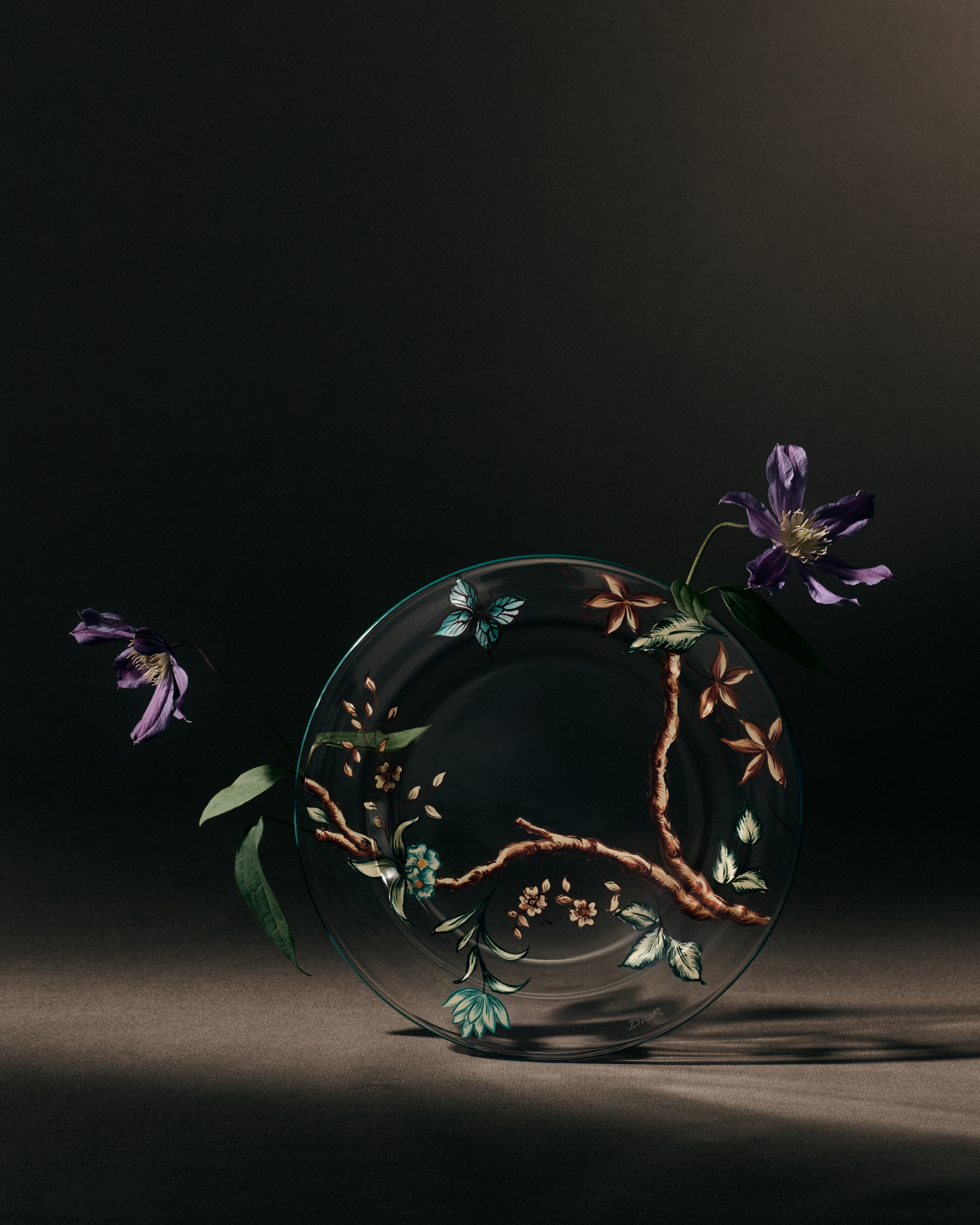 Dessert Plate Glass with Multicolor Floral Motif E02