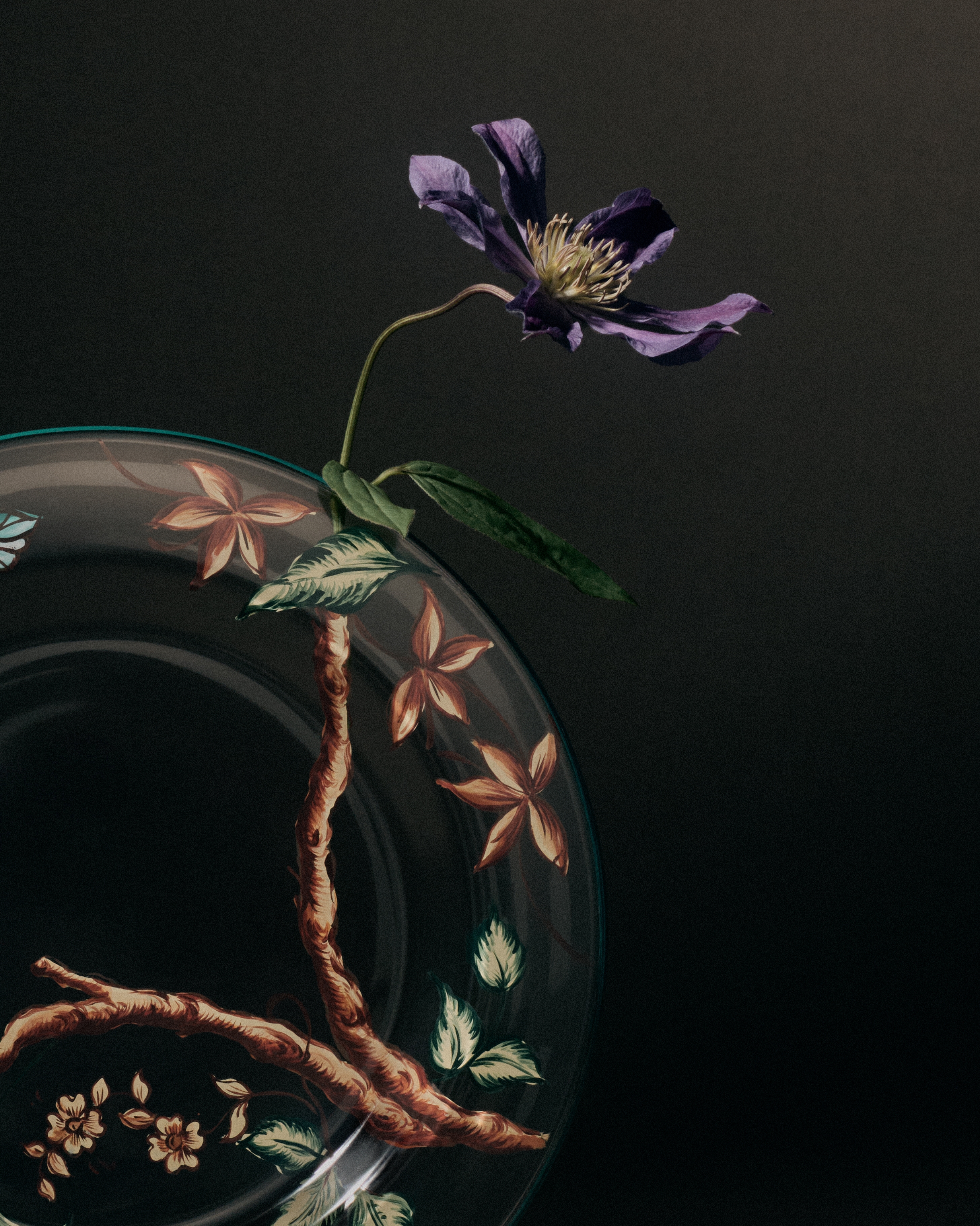 Look Dessert Plate Glass with Multicolor Floral Motif E05