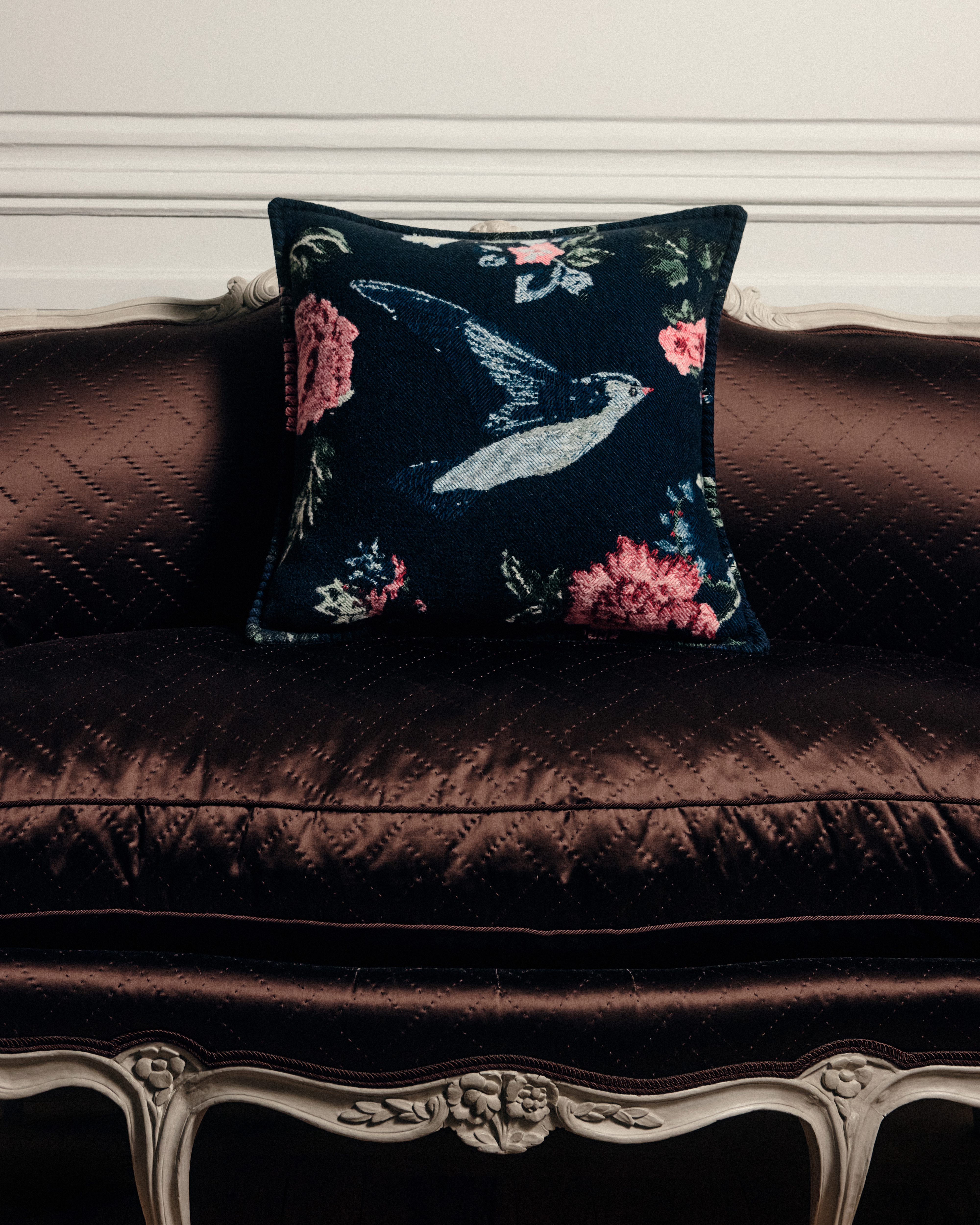 Square Pillow Blue Wool and Cashmere Jacquard with Bird and Flower Motif E01