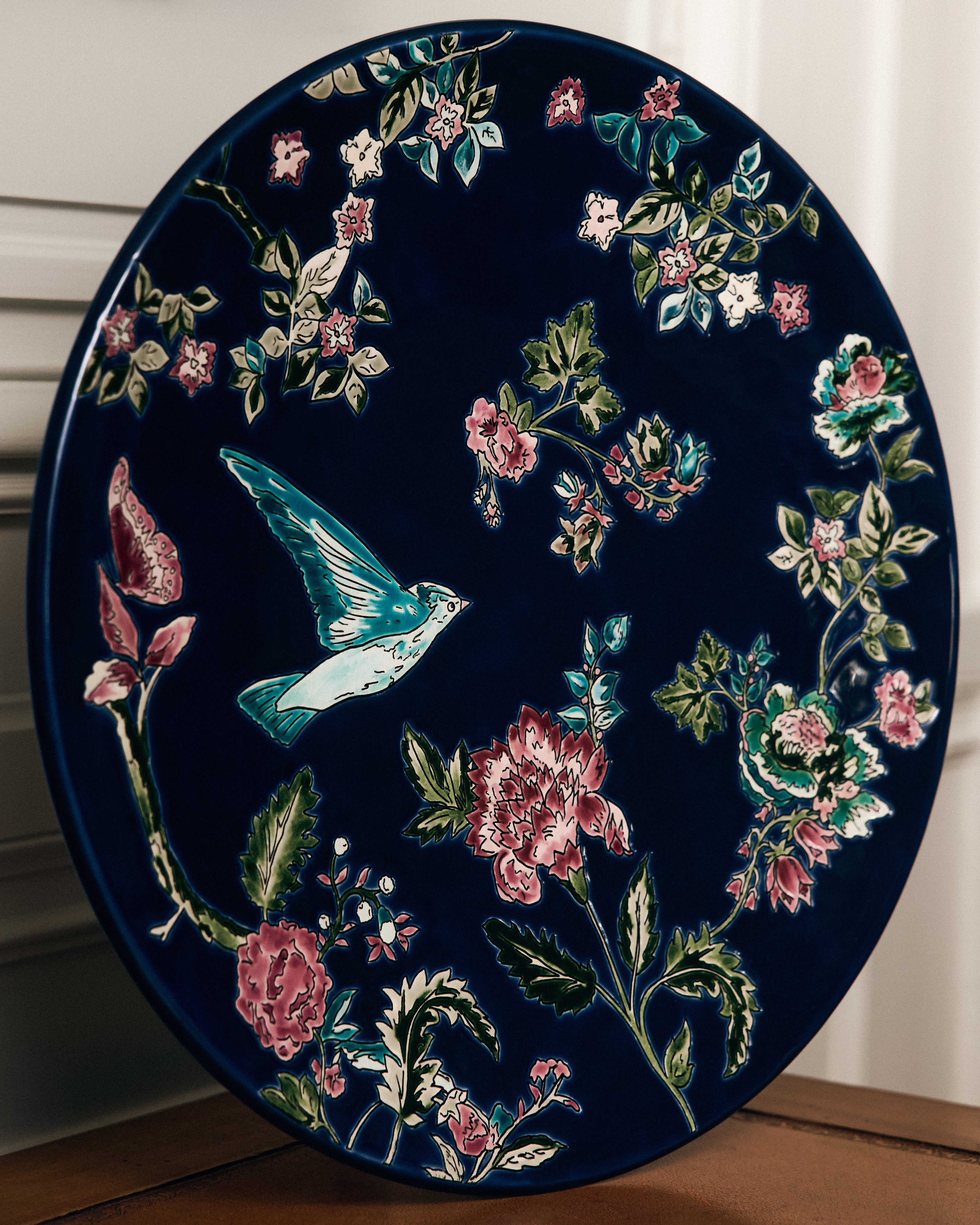 Large Dish Manufacture des Émaux de Longwy for Dior, Blue Ceramic and Enamel with Multicolor Floral Motif E09