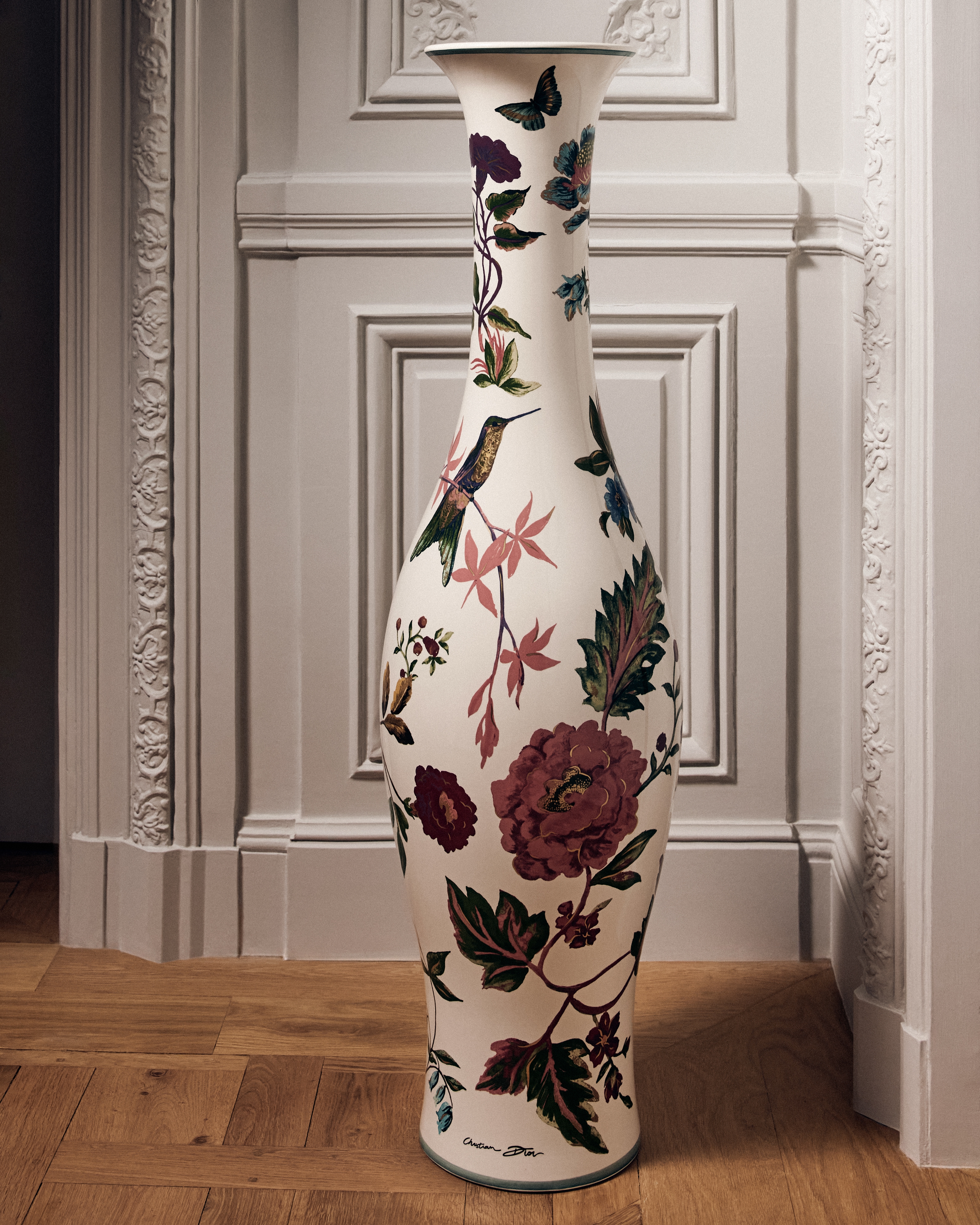 Large Vase Ecru Ceramic with Multicolor Floral Motif E13