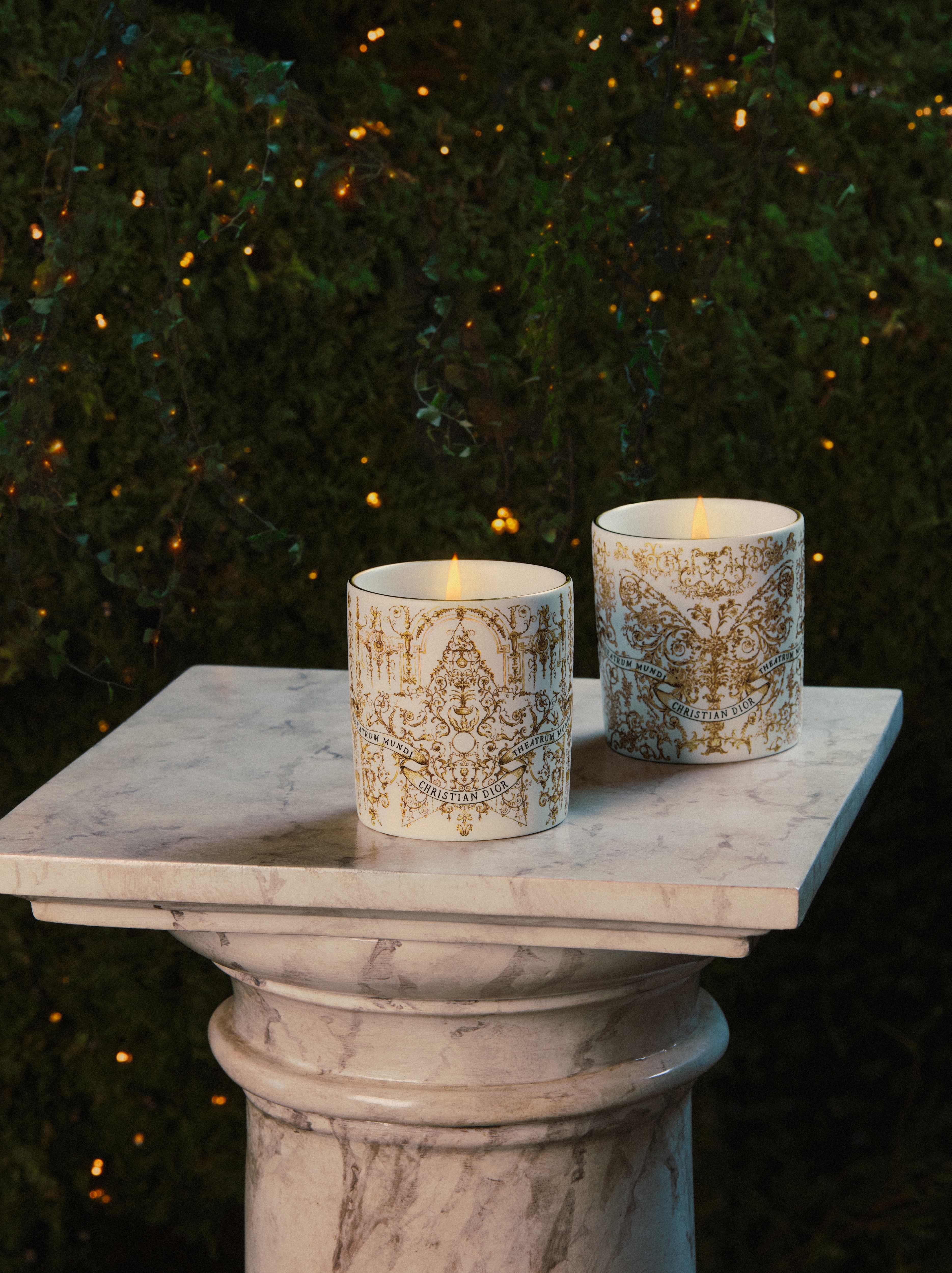 Look Set of Two Scented Mini Candles: Sapin Cyprès and Griotte Gingembre White Porcelain with Gold-Tone Dioresque Butterfly and Stella Motifs E05