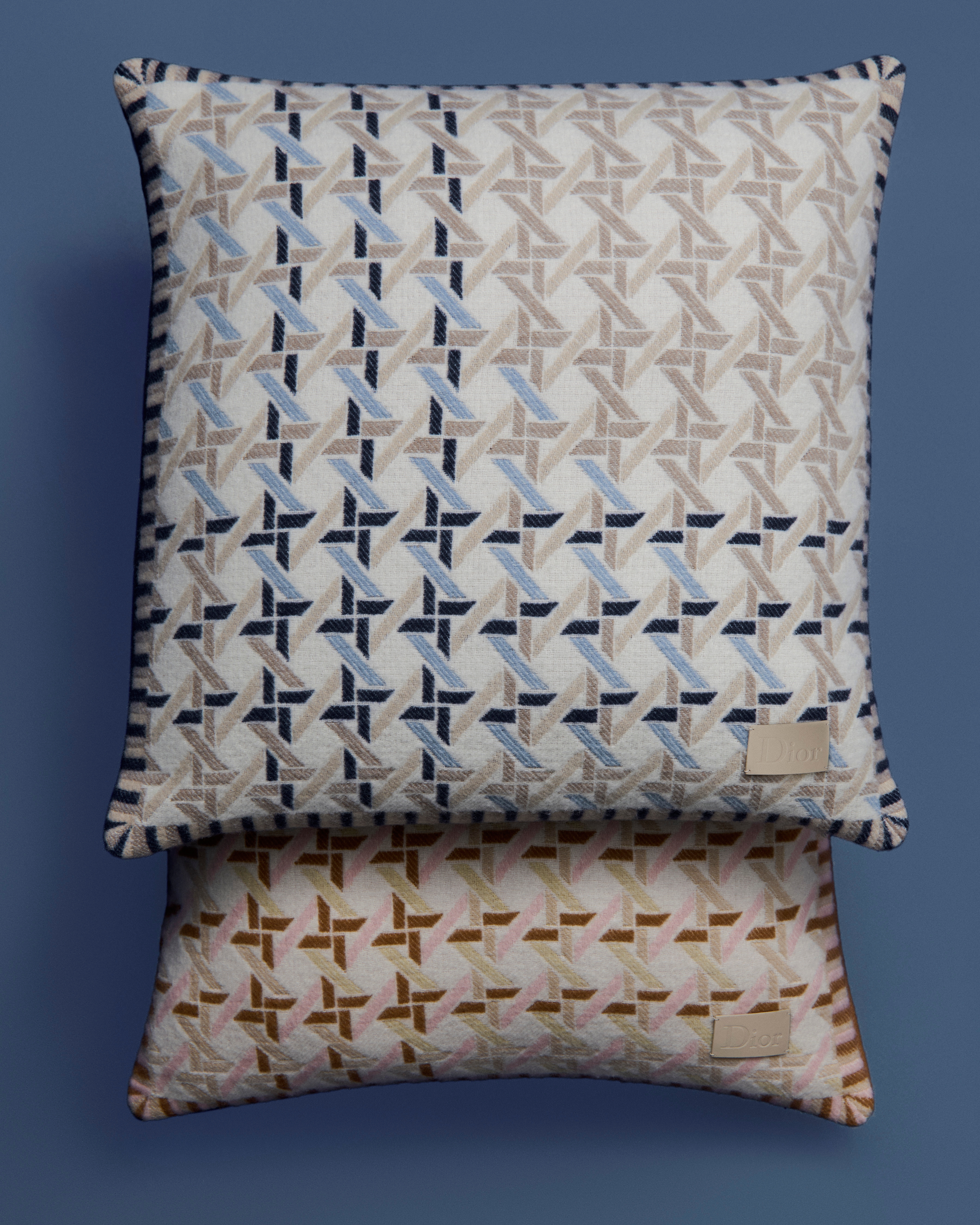 Square Pillow Blue Cannage Tartan Wool and Cashmere Jacquard E02