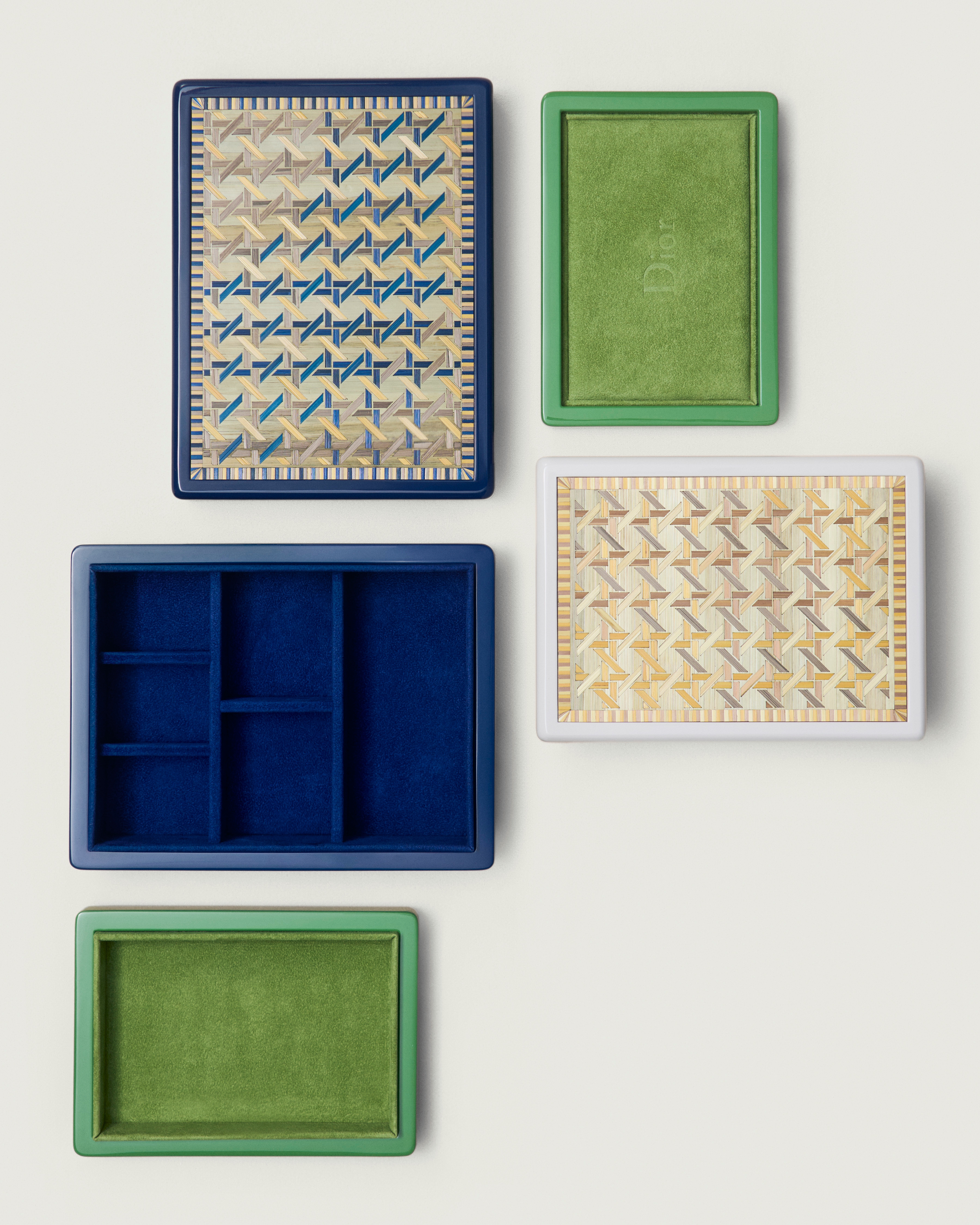 Grande boîte à bijoux Bois laqué et marqueterie de paille à motif Cannage Tartan bleus E04