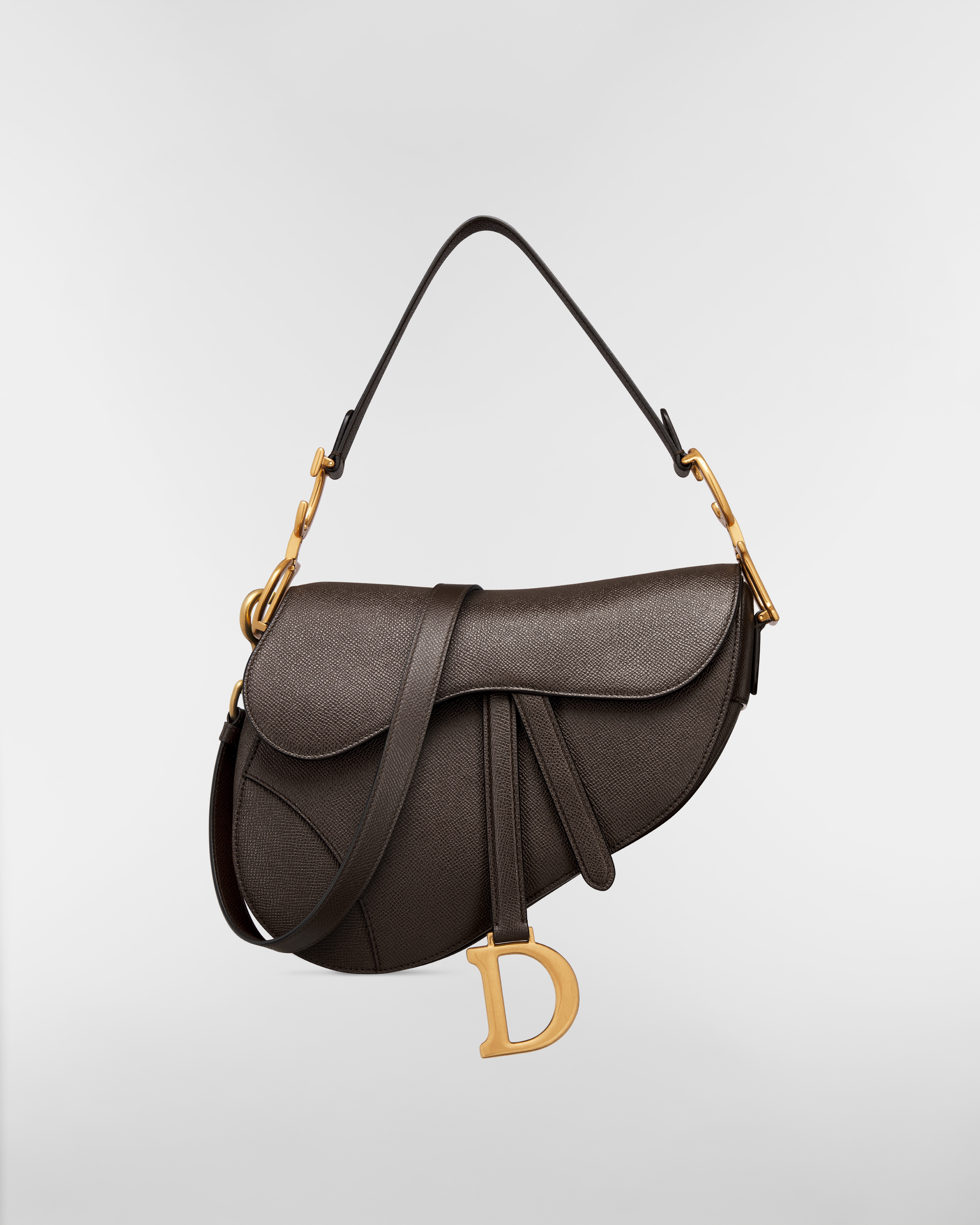 Saddle Bag with Strap Dark Chocolate Brown Grained Calfskin E01