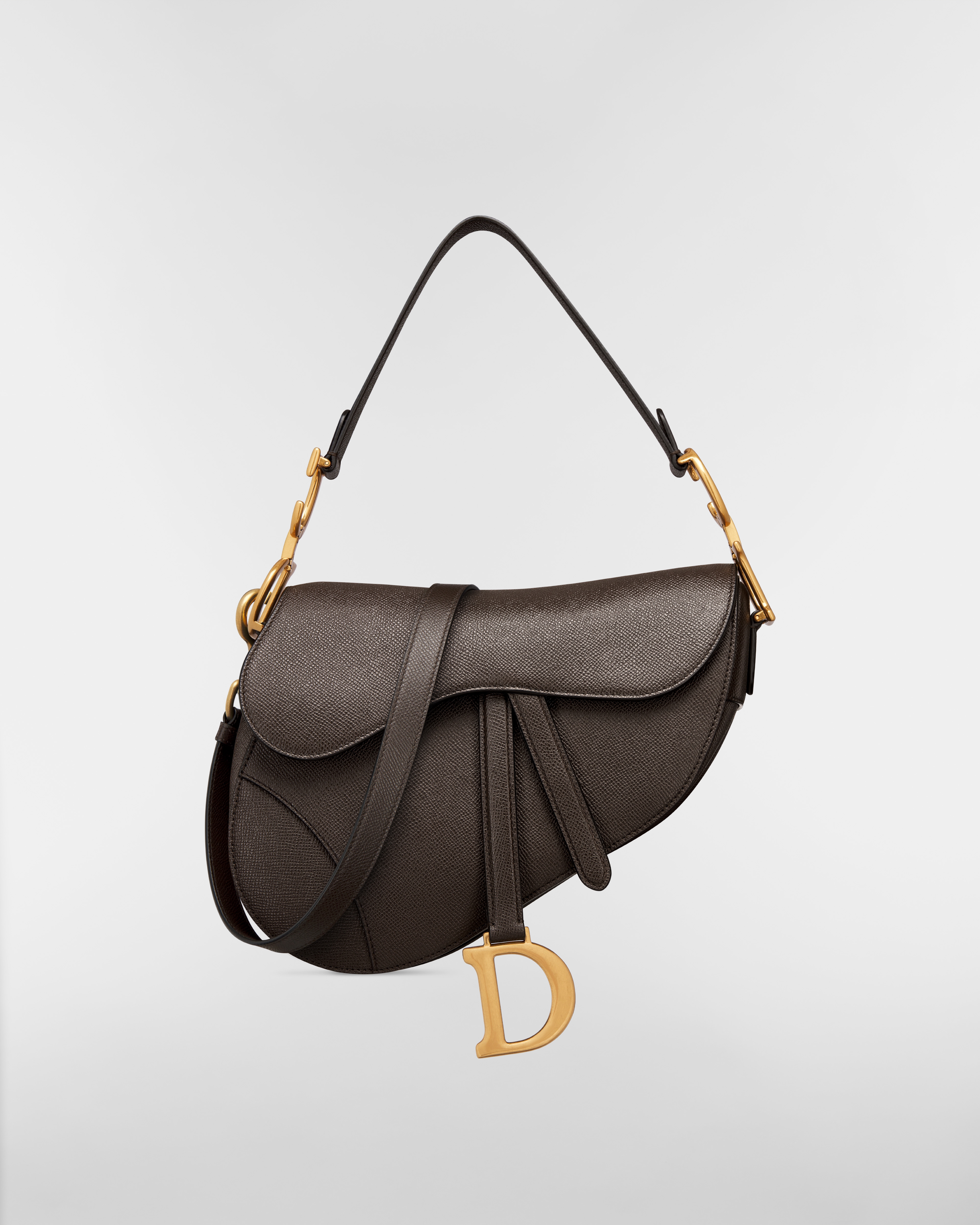 Sac Saddle à bandoulière Cuir de veau grainé couleur chocolat noir E01