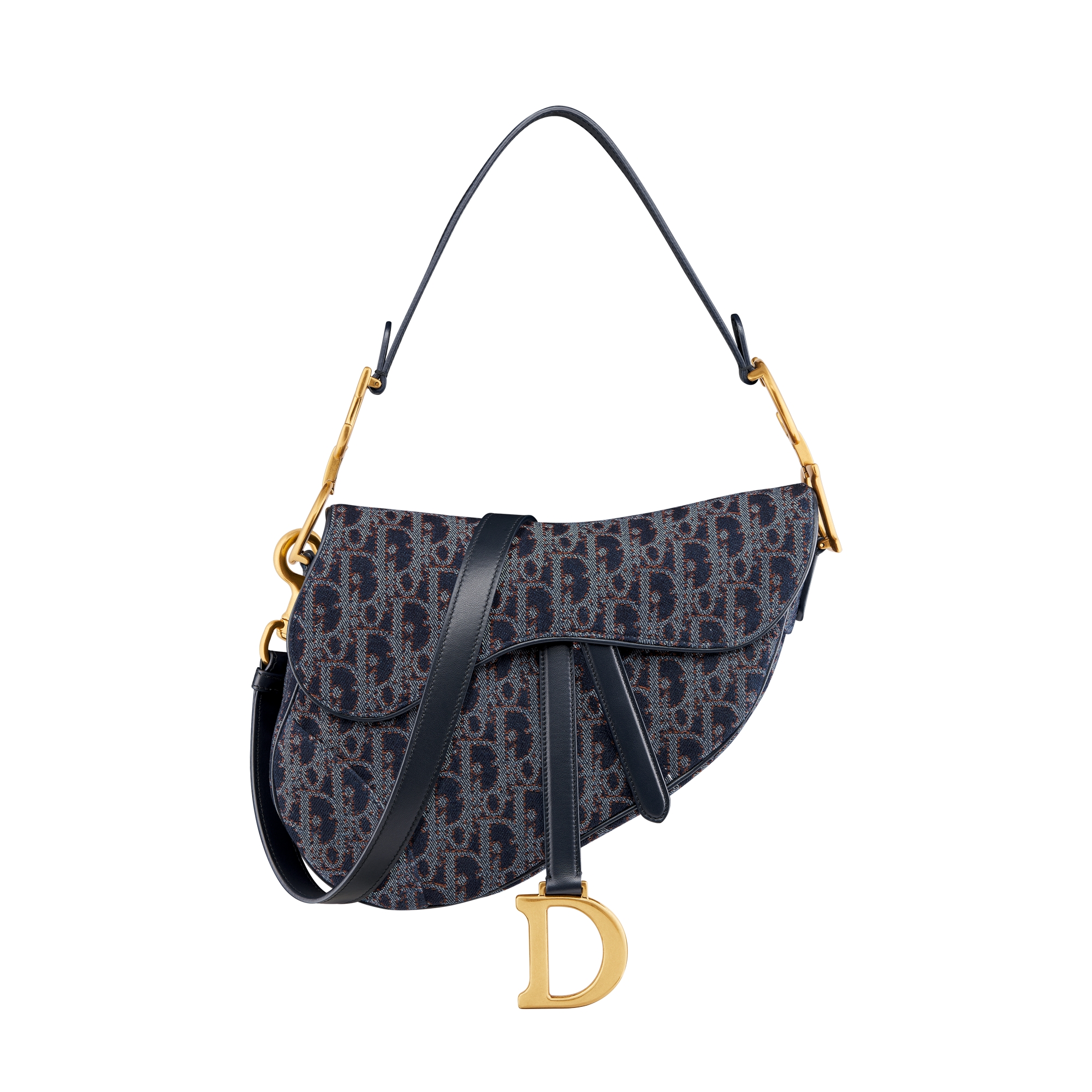 Saddle Bag with Strap Blue and Tobacco Brown Dior Oblique Denim with Contrasting Topstitching E01