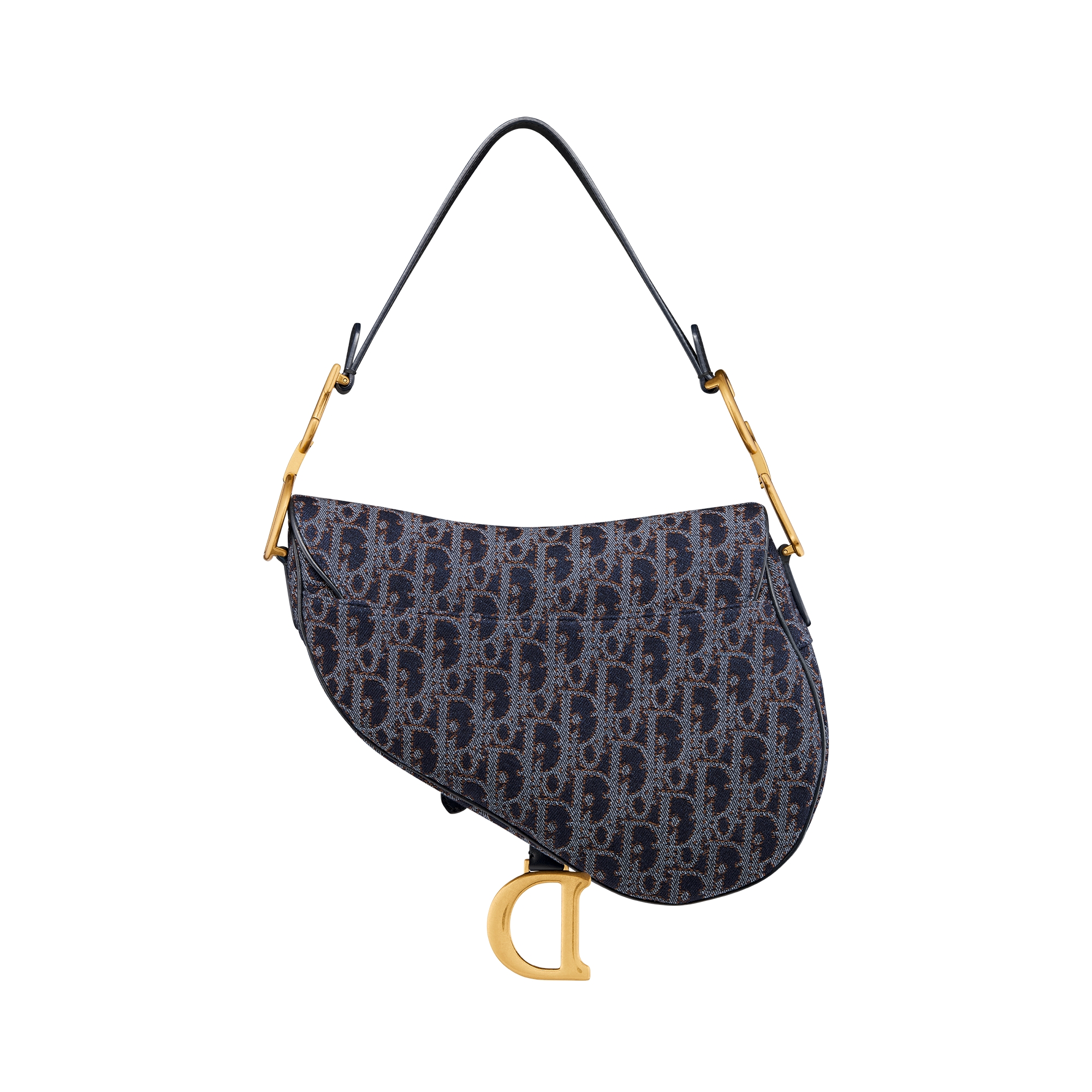 Saddle Bag with Strap Blue and Tobacco Brown Dior Oblique Denim with Contrasting Topstitching E08