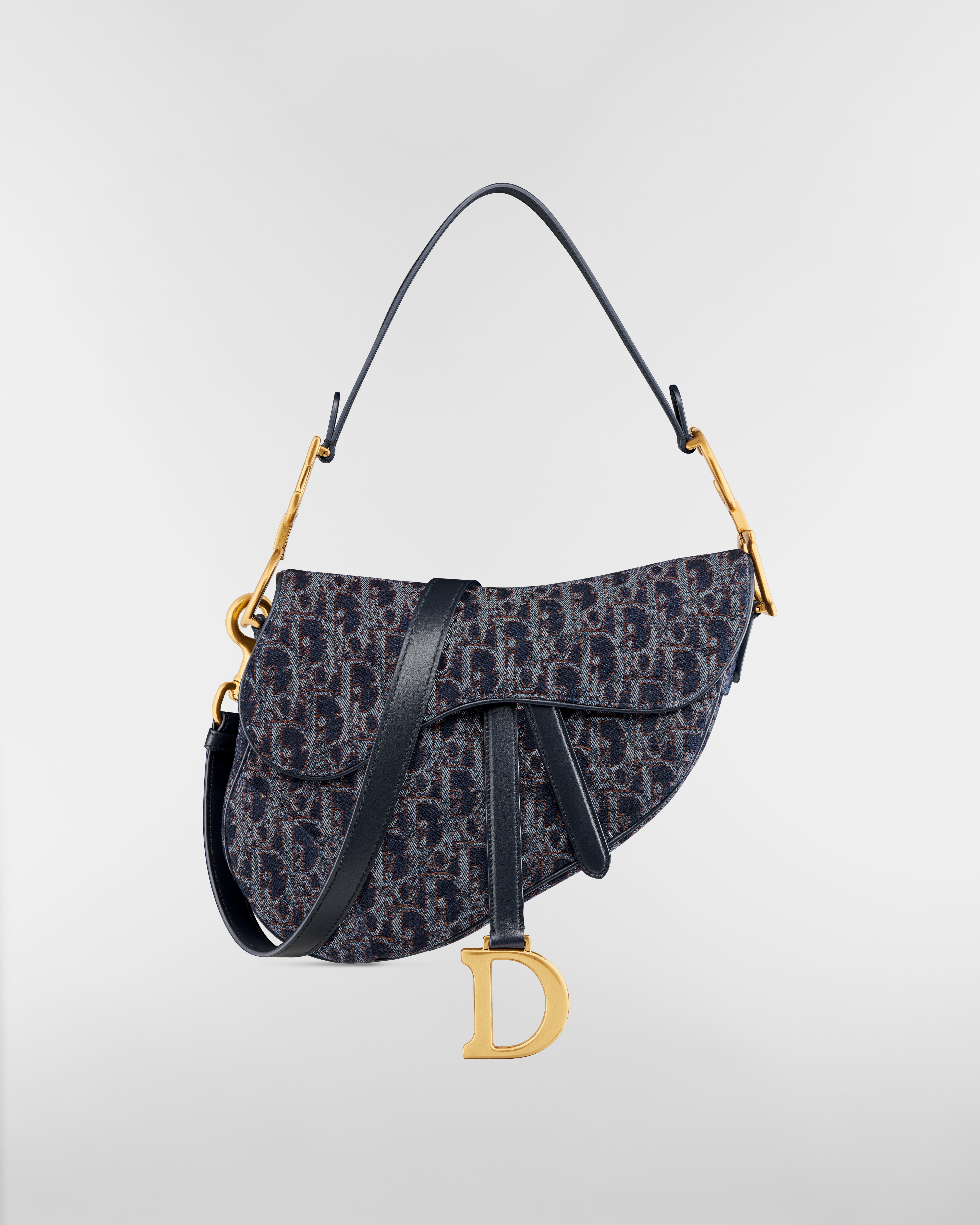 Saddle Bag with Strap Blue and Tobacco Brown Dior Oblique Denim with Contrasting Topstitching E01