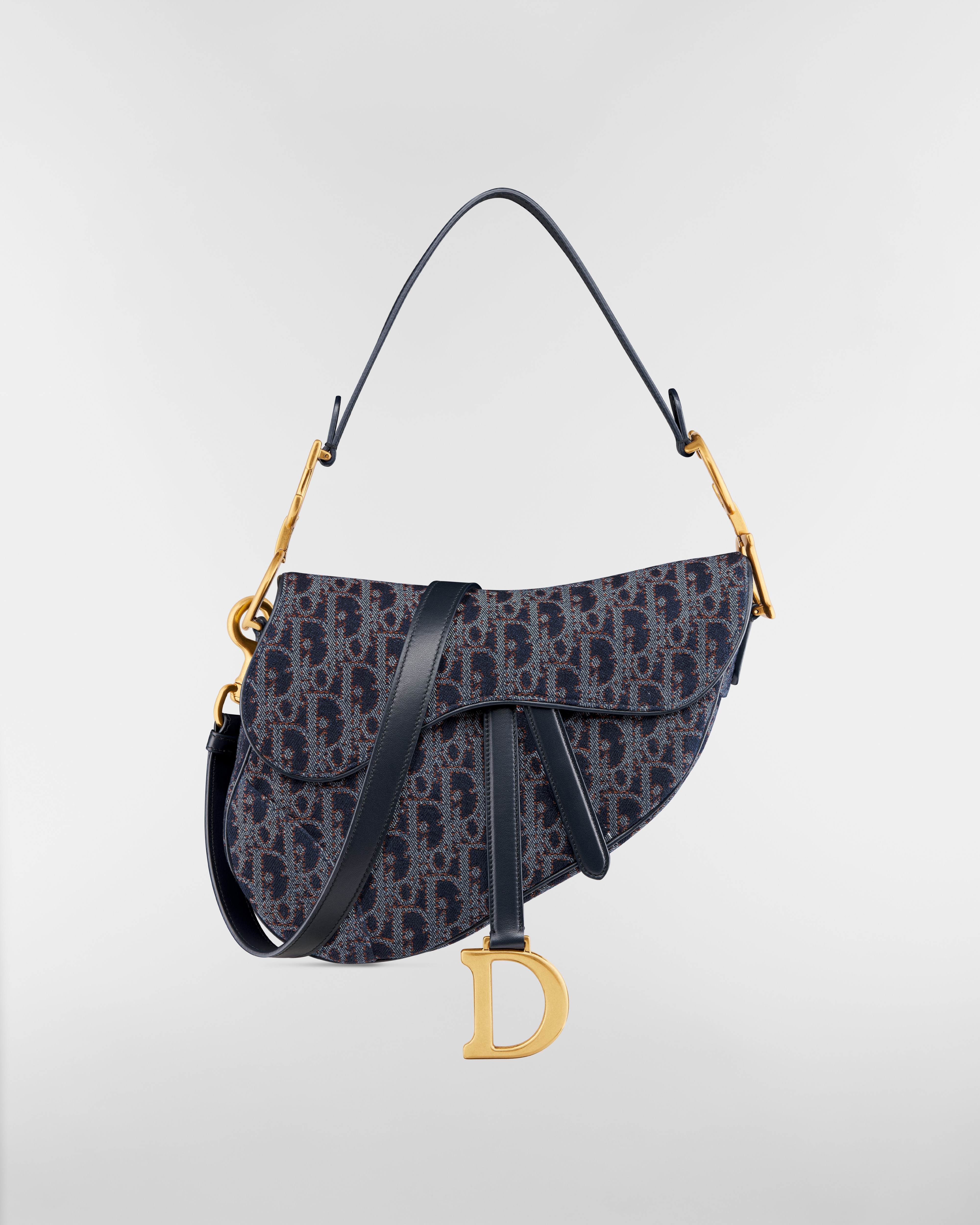 Sac Saddle à bandoulière Toile Dior Oblique Denim à surpiqûres contrastées bleu et couleur tabac E01