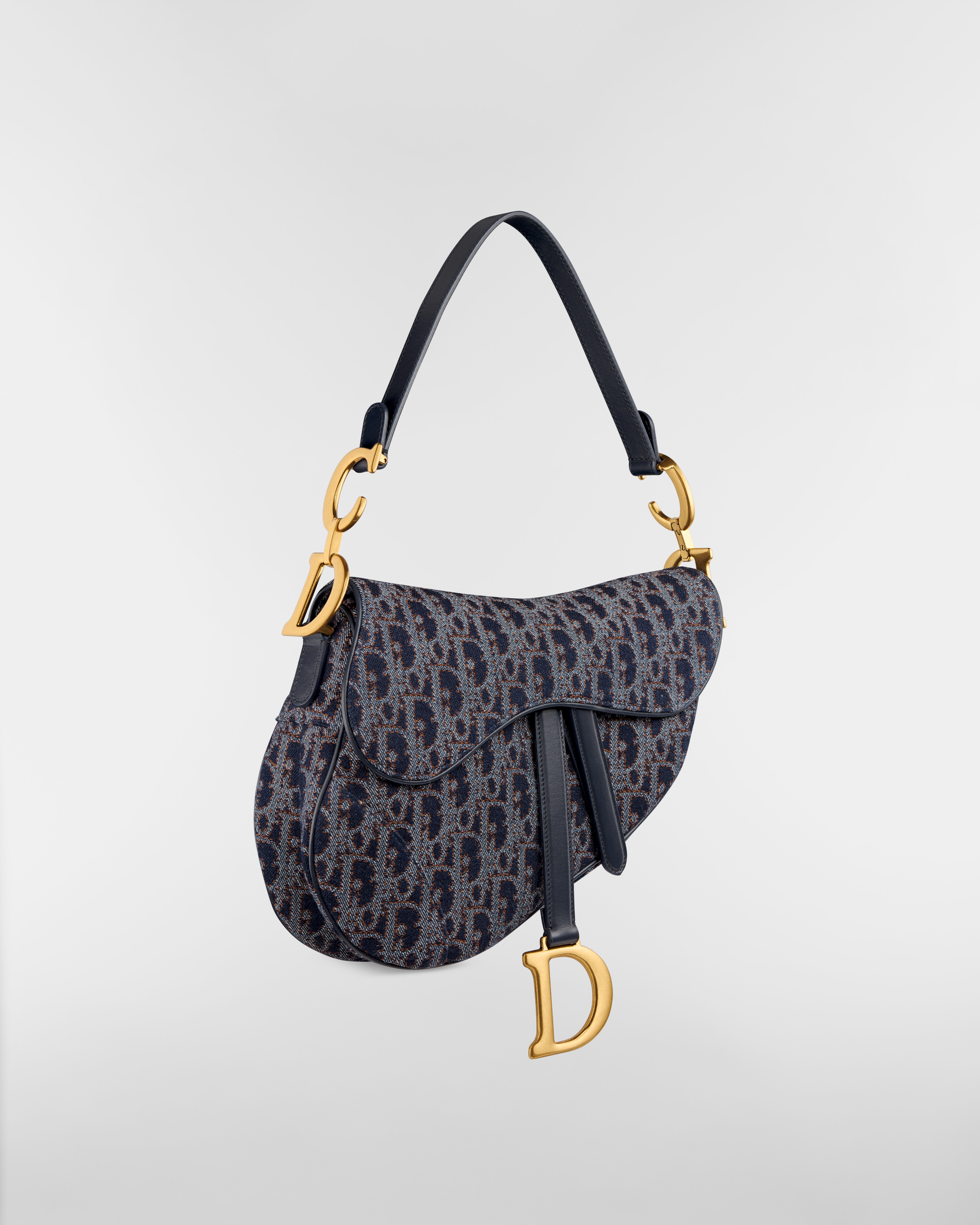 Saddle Bag with Strap Blue and Tobacco Brown Dior Oblique Denim with Contrasting Topstitching E03