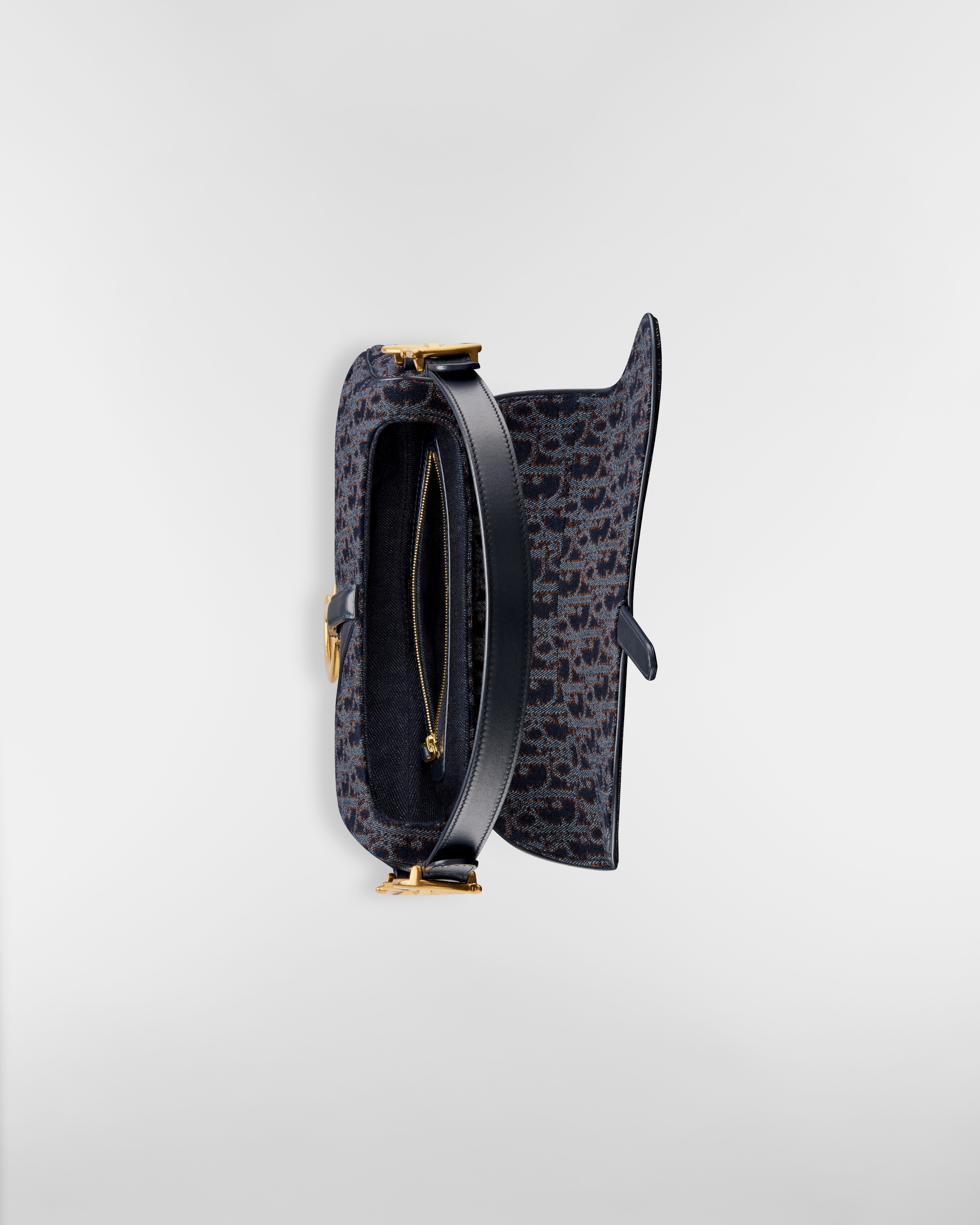 Saddle Bag with Strap Blue and Tobacco Brown Dior Oblique Denim with Contrasting Topstitching E06