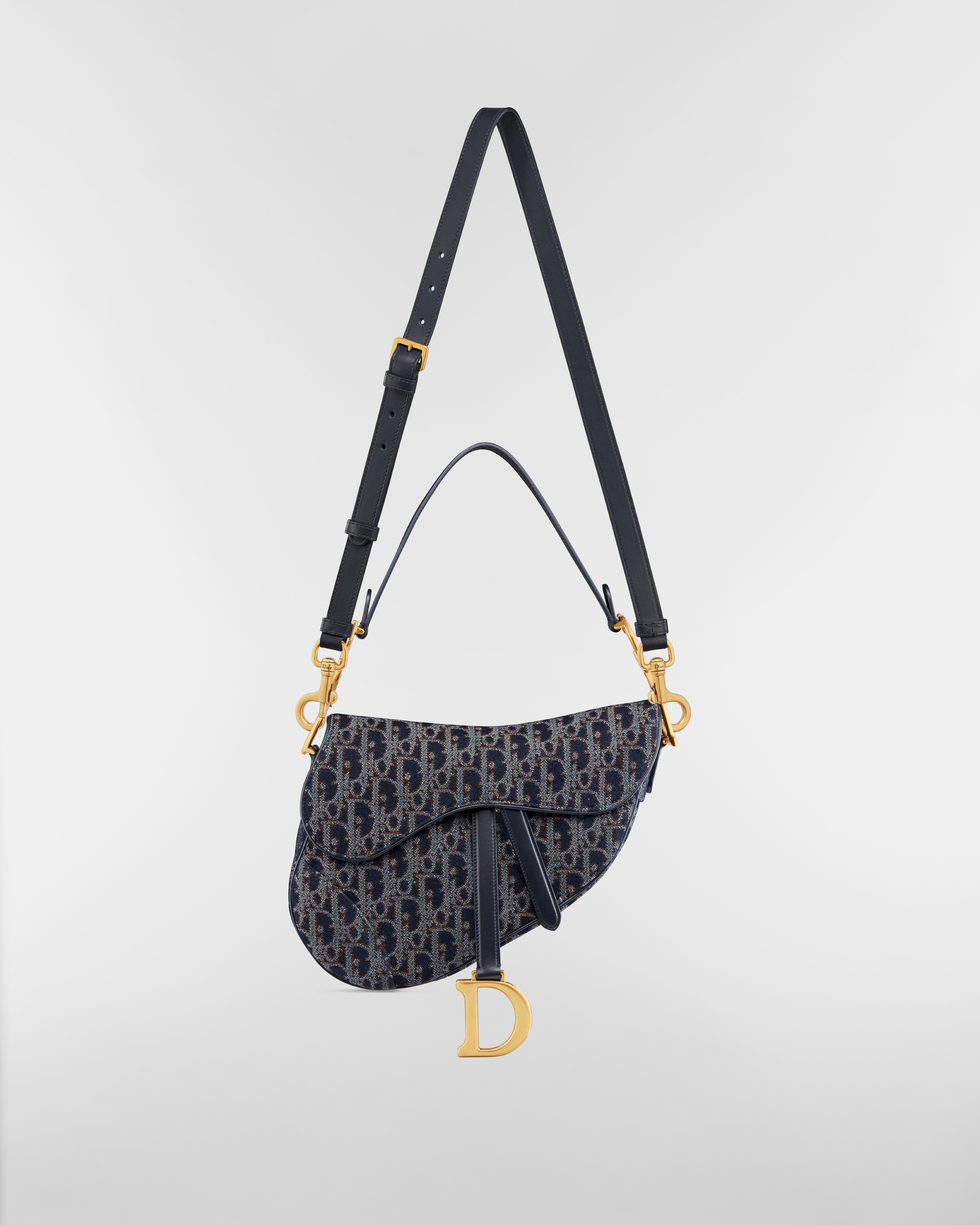 Saddle Bag with Strap Blue and Tobacco Brown Dior Oblique Denim with Contrasting Topstitching E07