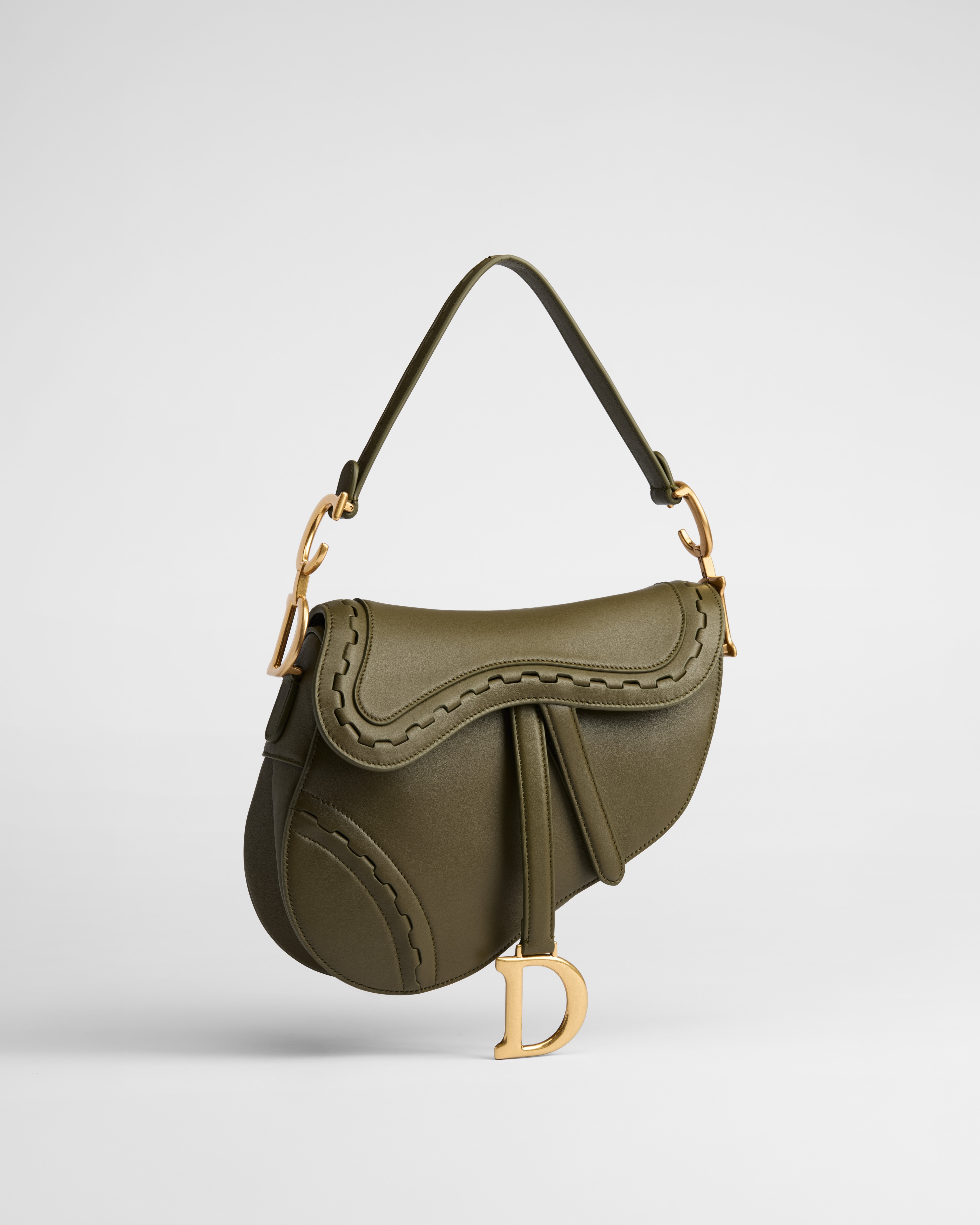 Saddle Bag mit Trageriemen Kalbsleder mit Marketerie in Khaki E03