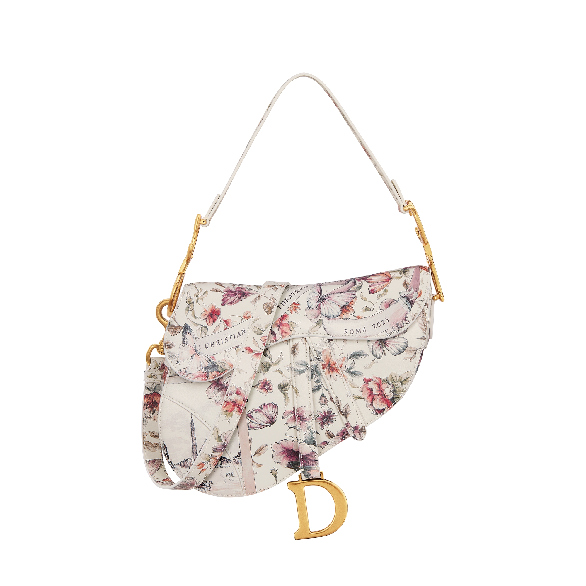 Saddle Bag with Strap Latte Calfskin with Pink Souvenir de Rome