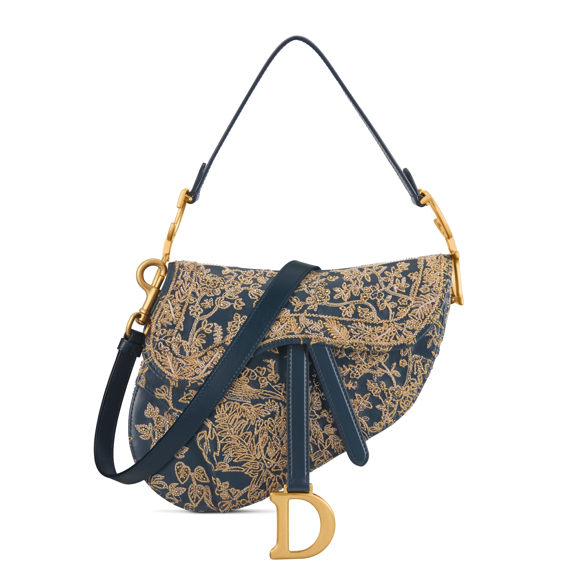 Sac Saddle à bandoulière Cuir de veau bleu marine brodé du motif Dior  Idylle beige | DIOR