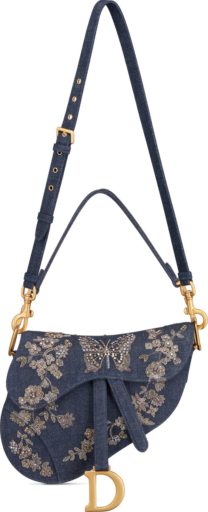 Saddle Bag with Strap Blue Denim Embroidered with