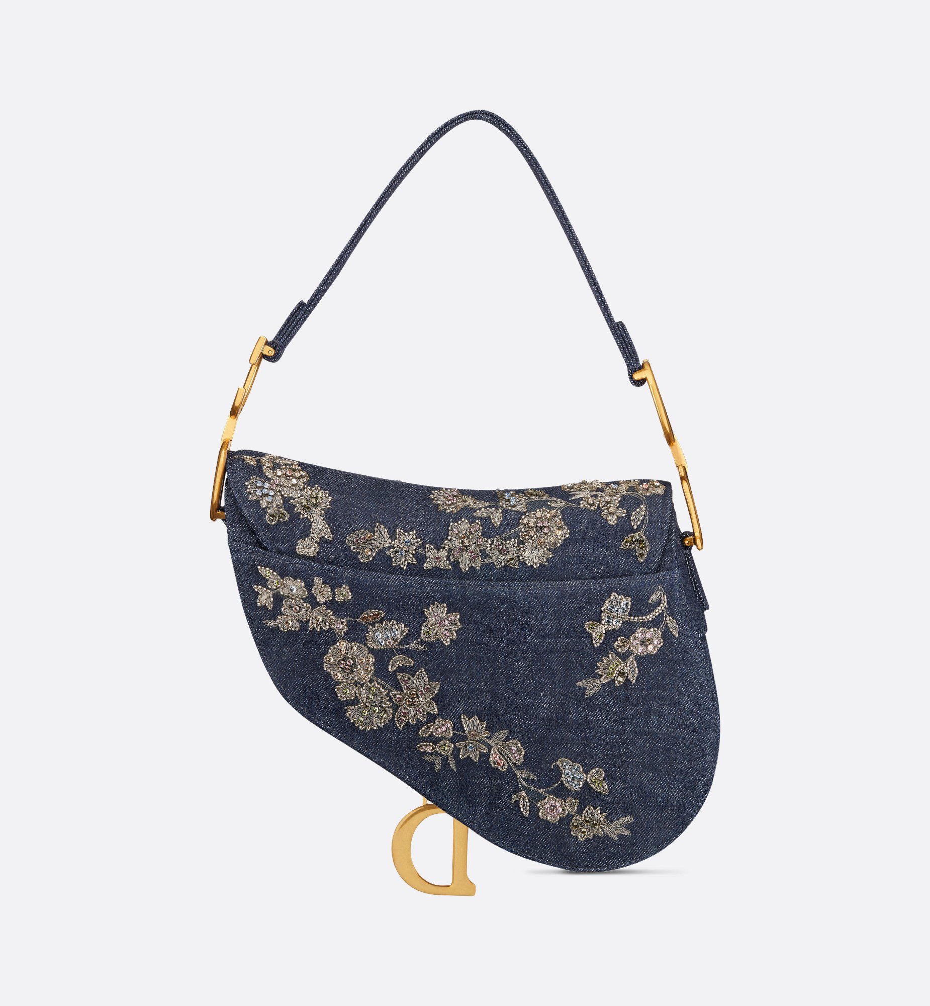 Saddle Bag with Strap Blue Denim Embroidered with Saddle Bag with Strap Blue Denim Embroidered with