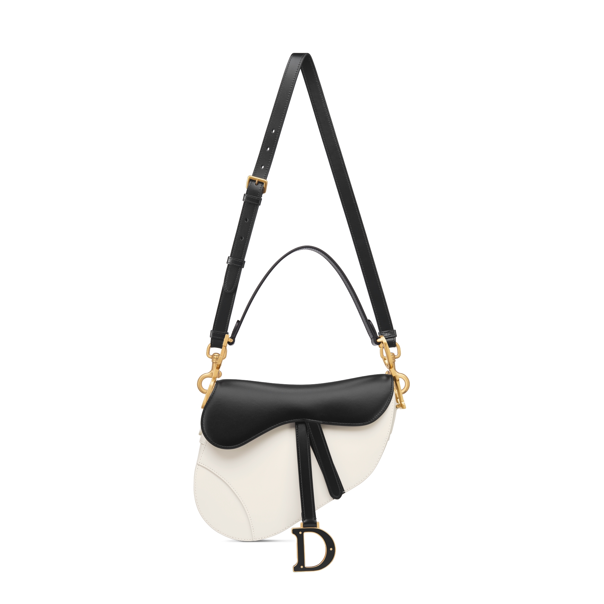 Saddle Bag with Strap Two-Tone Latte and Black Supple Calfskin E07