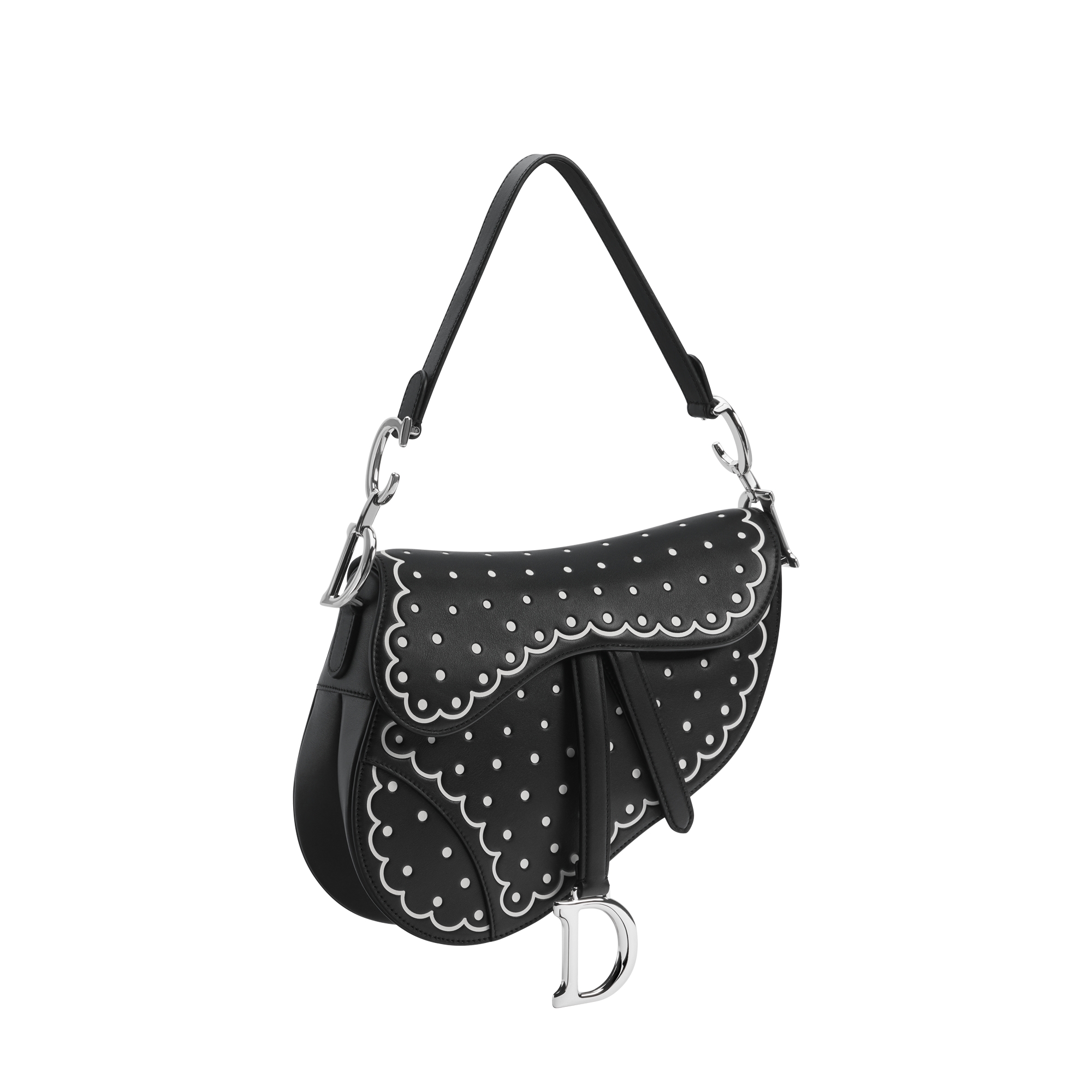 Miss Diorヴィンテージ フリンジ付きブラックショールカーディガン Saddle Bag with Strap Black Calfskin with White Printed and