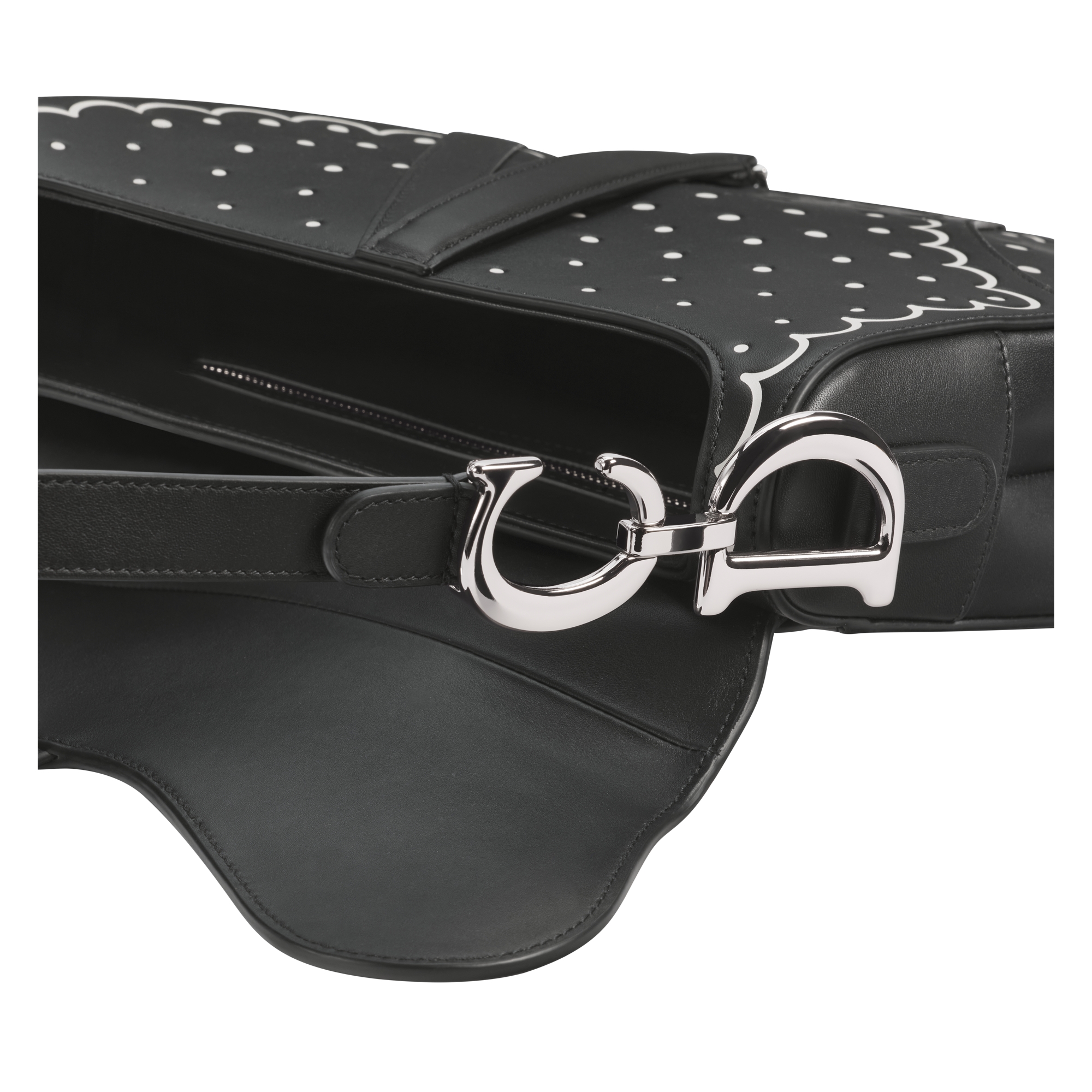 Saddle Bag with Strap Black Calfskin with White Printed and Debossed PolkaDior E06