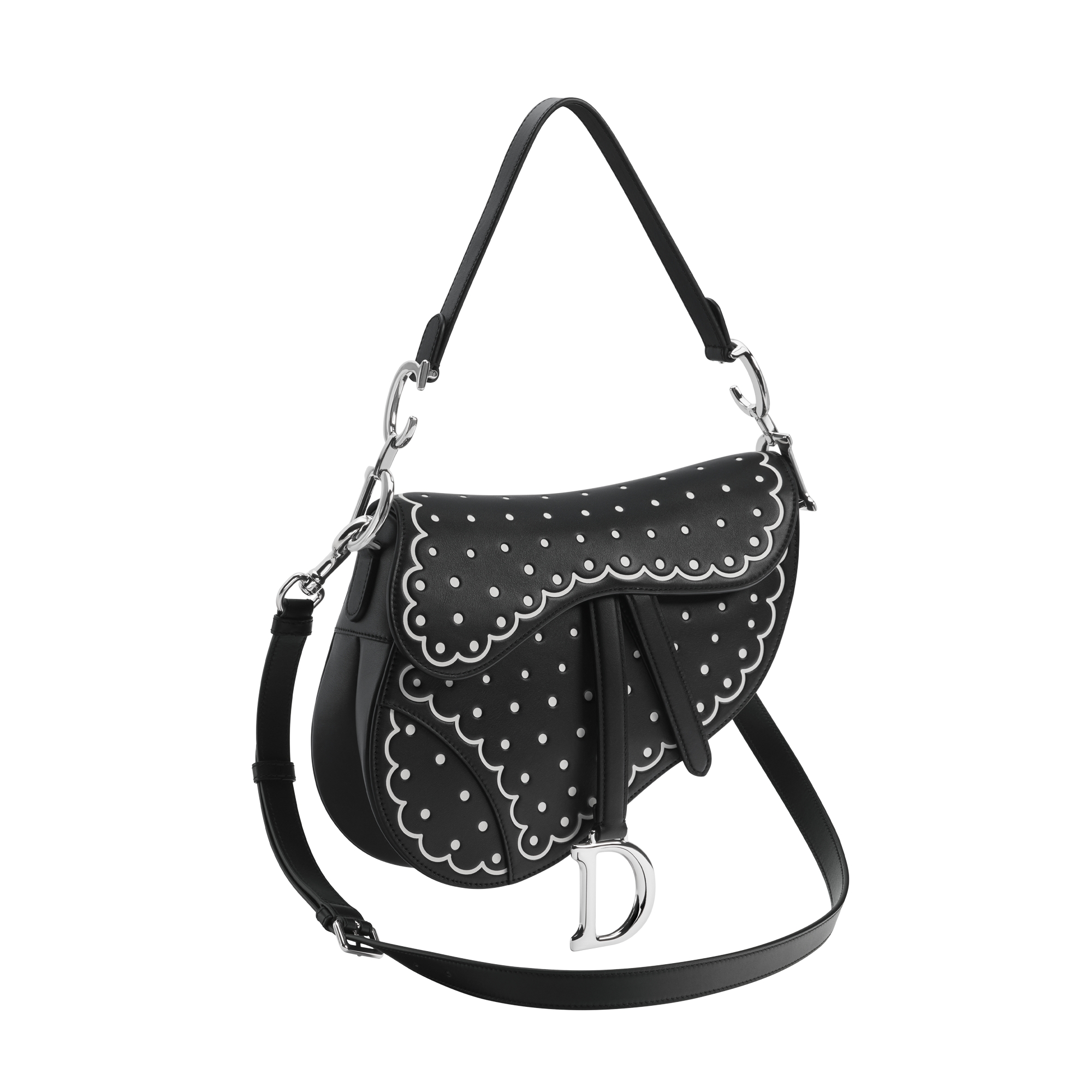 Saddle Bag with Strap Black Calfskin with White Printed and Debossed PolkaDior E07