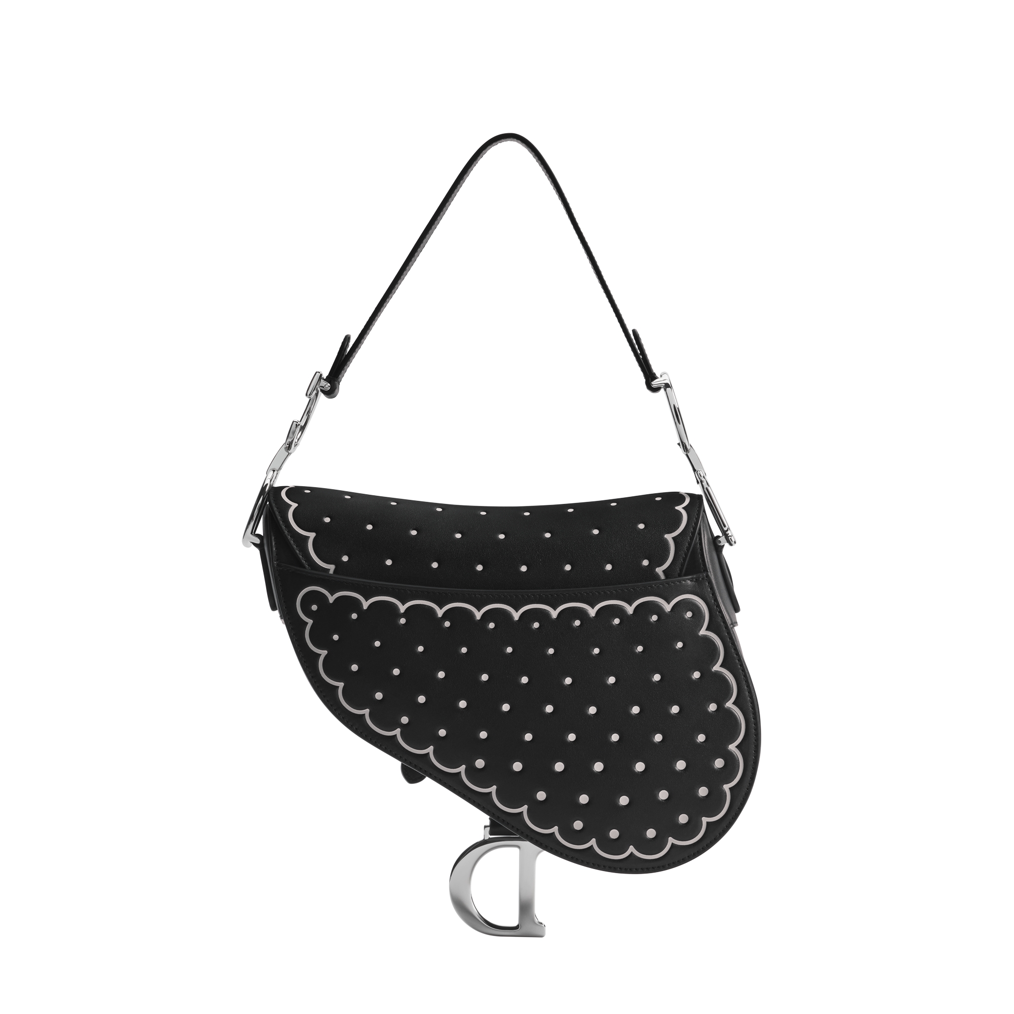 Saddle Bag with Strap Black Calfskin with White Printed and Debossed PolkaDior E08