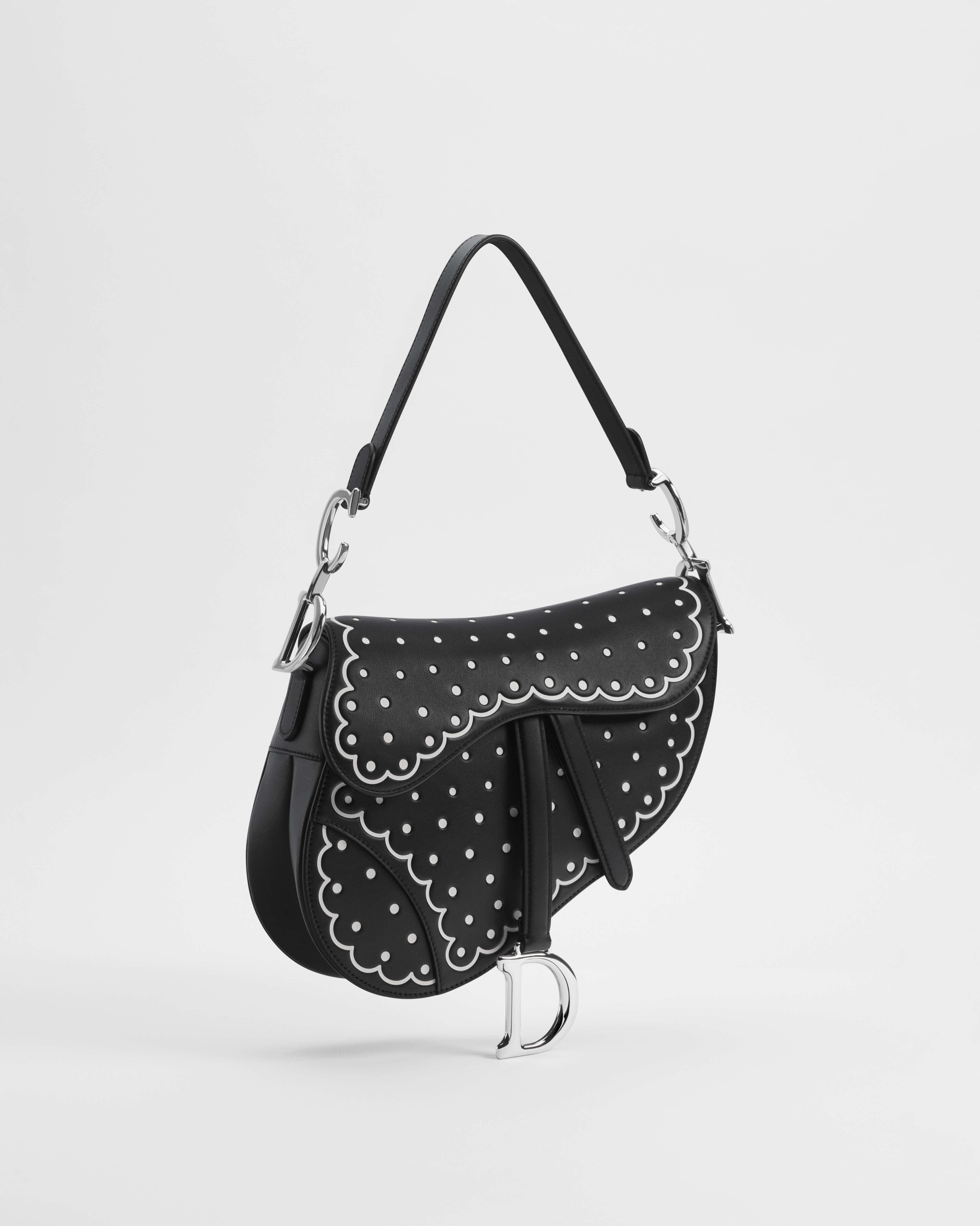 Saddle Bag with Strap Black Calfskin with White Printed and Debossed PolkaDior E01