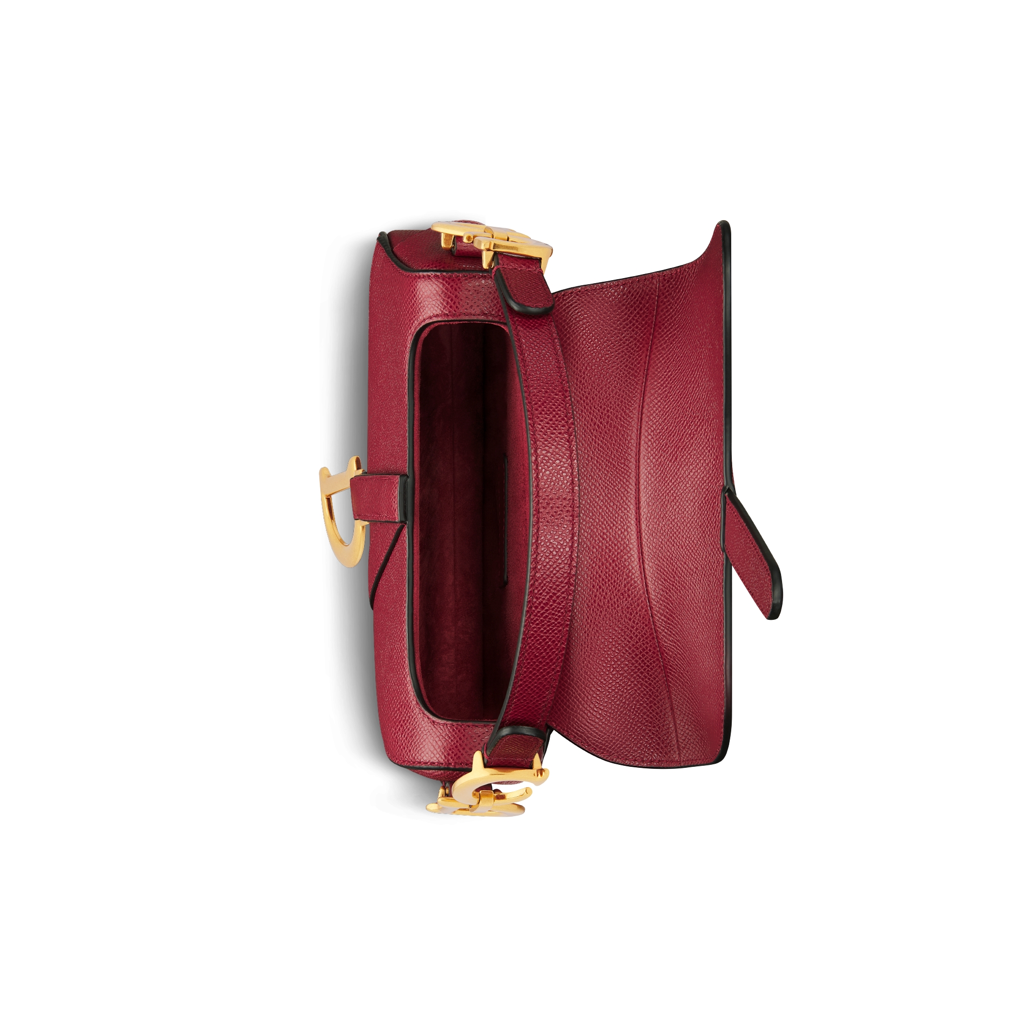 حقيبة Saddle بحجم ميني مع رباط جلد العجل المحبّب باللون الأحمر الكرزي E06
