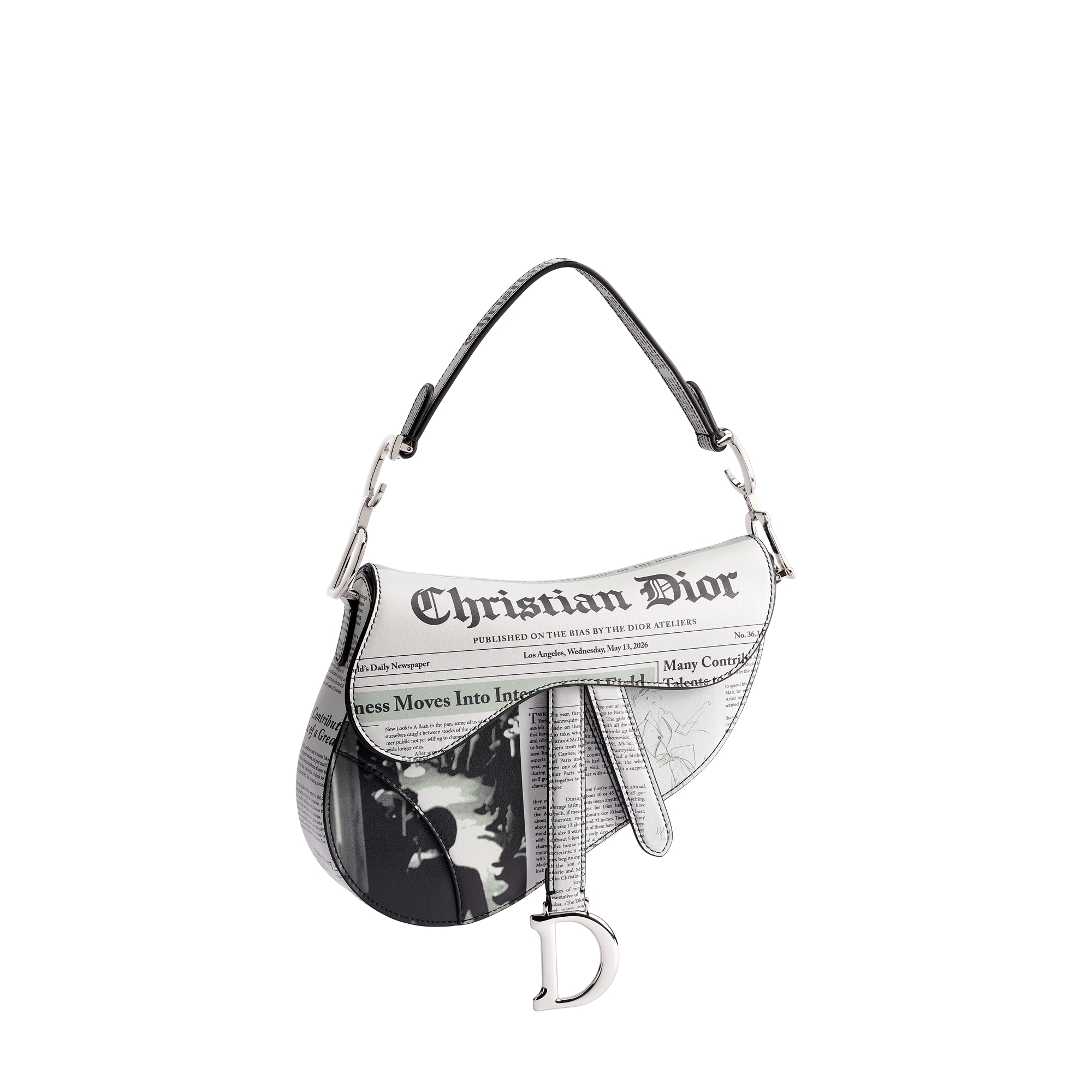 Small Saddle Bag with Strap White and Black Newspaper Printed Calfskin E03