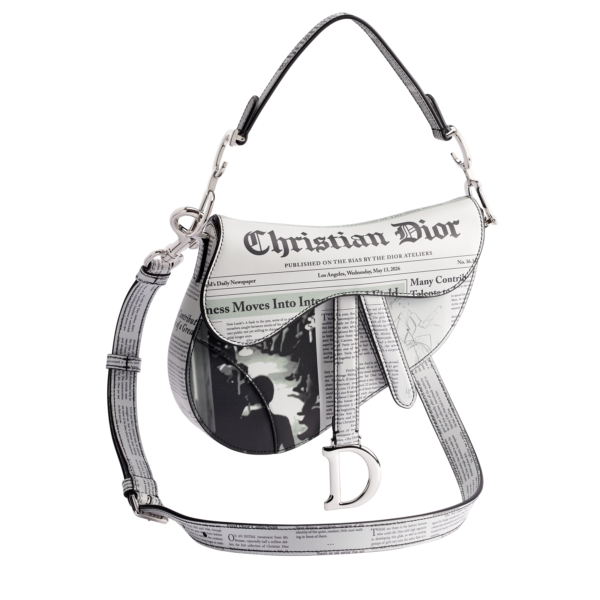 Small Saddle Bag with Strap White and Black Newspaper Printed Calfskin E07